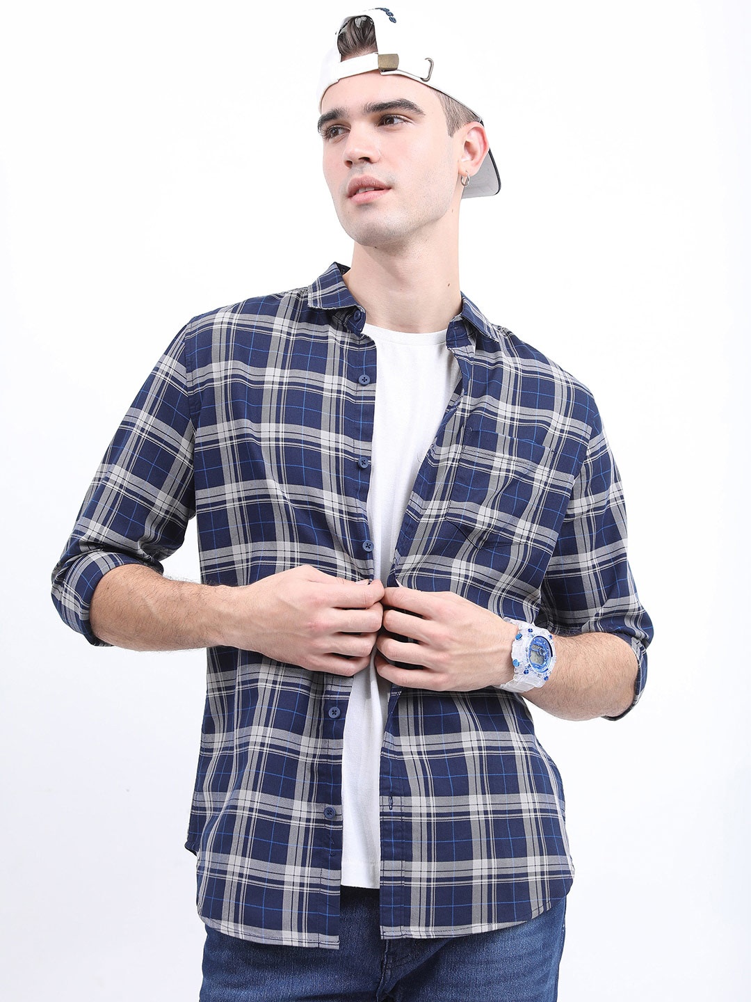 

HIGHLANDER Men Slim Fit Tartan Checked Casual Cotton Shirt, Navy blue