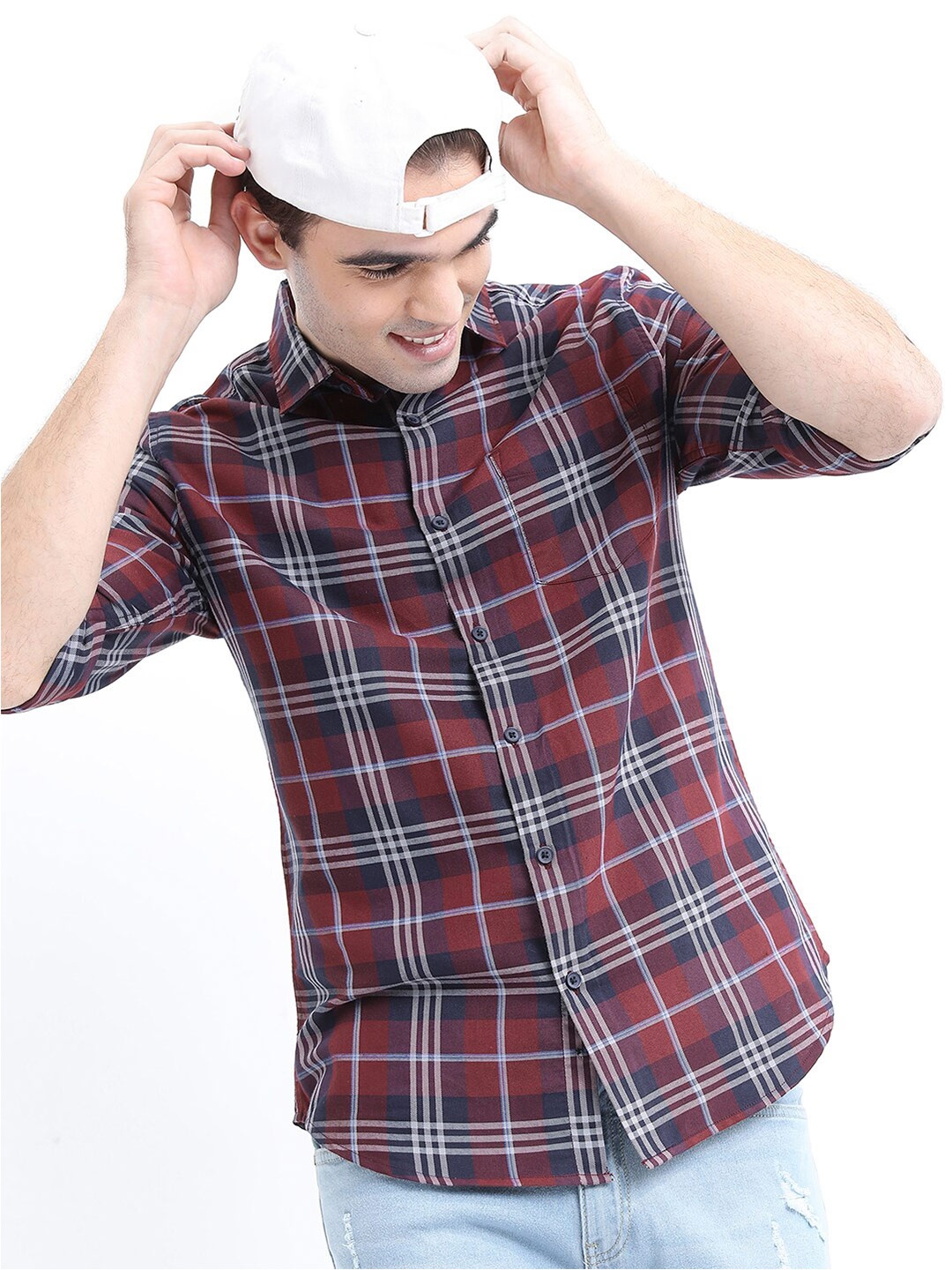 

HIGHLANDER Men Slim Fit Tartan Checked Casual Cotton Shirt, Red