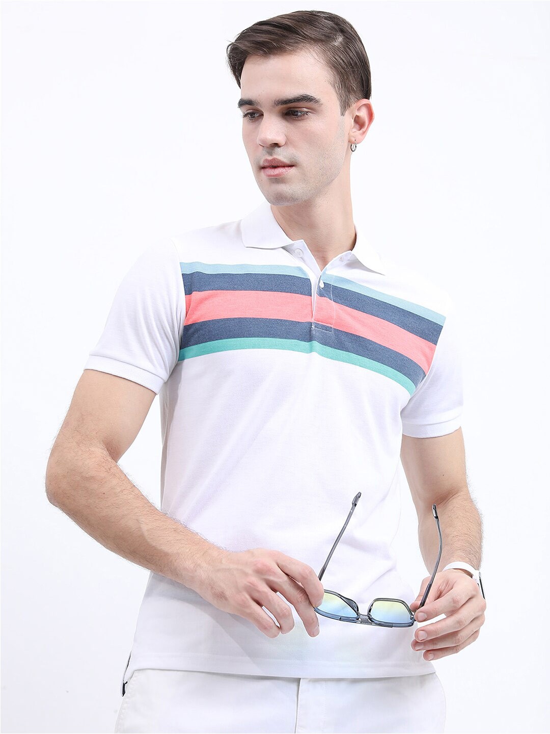 

HIGHLANDER Men Striped Polo Collar Slim Fit T-shirt, White