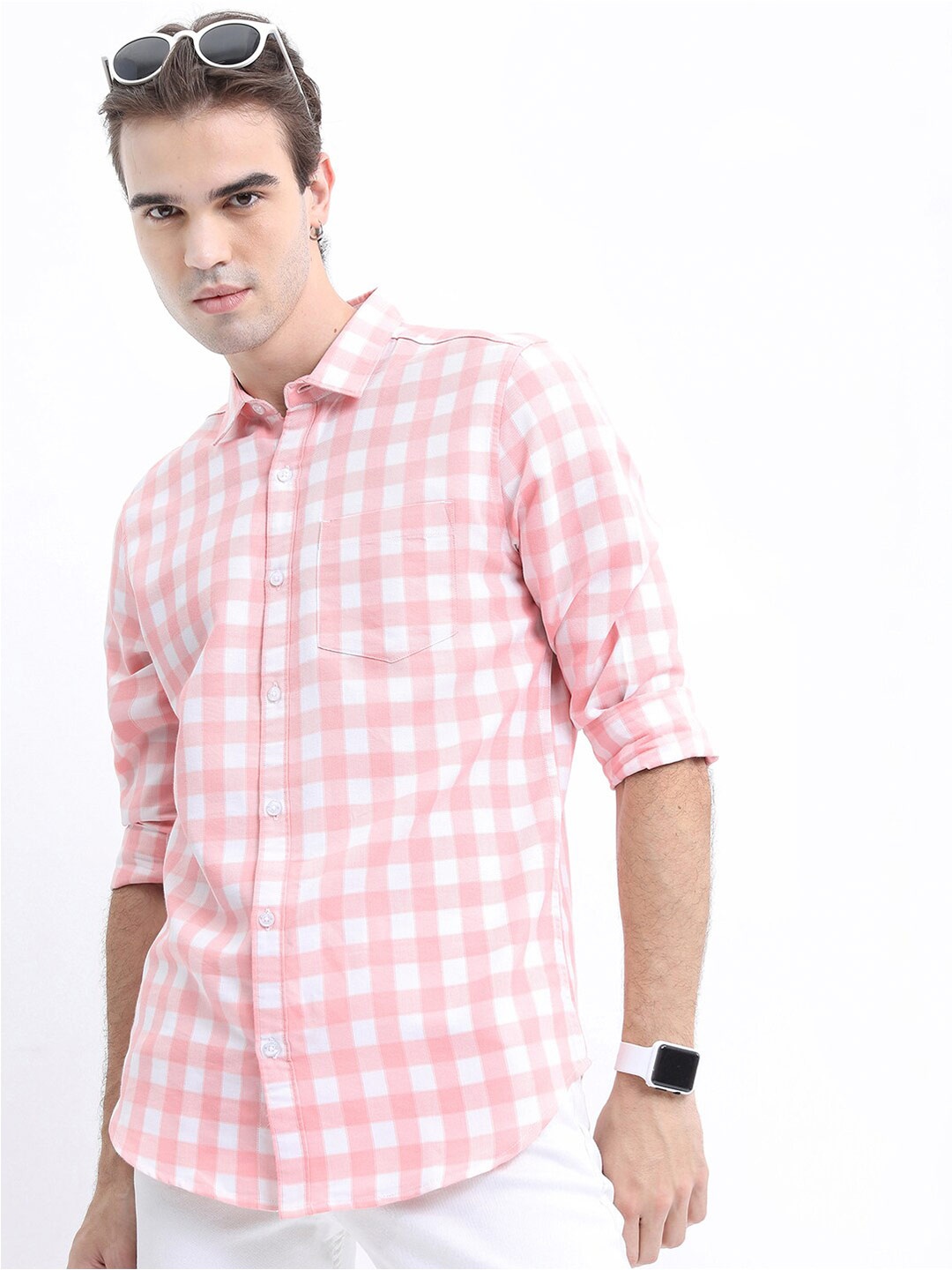 

HIGHLANDER Men Slim Fit Gingham Checked Casual Cotton Shirt, Coral