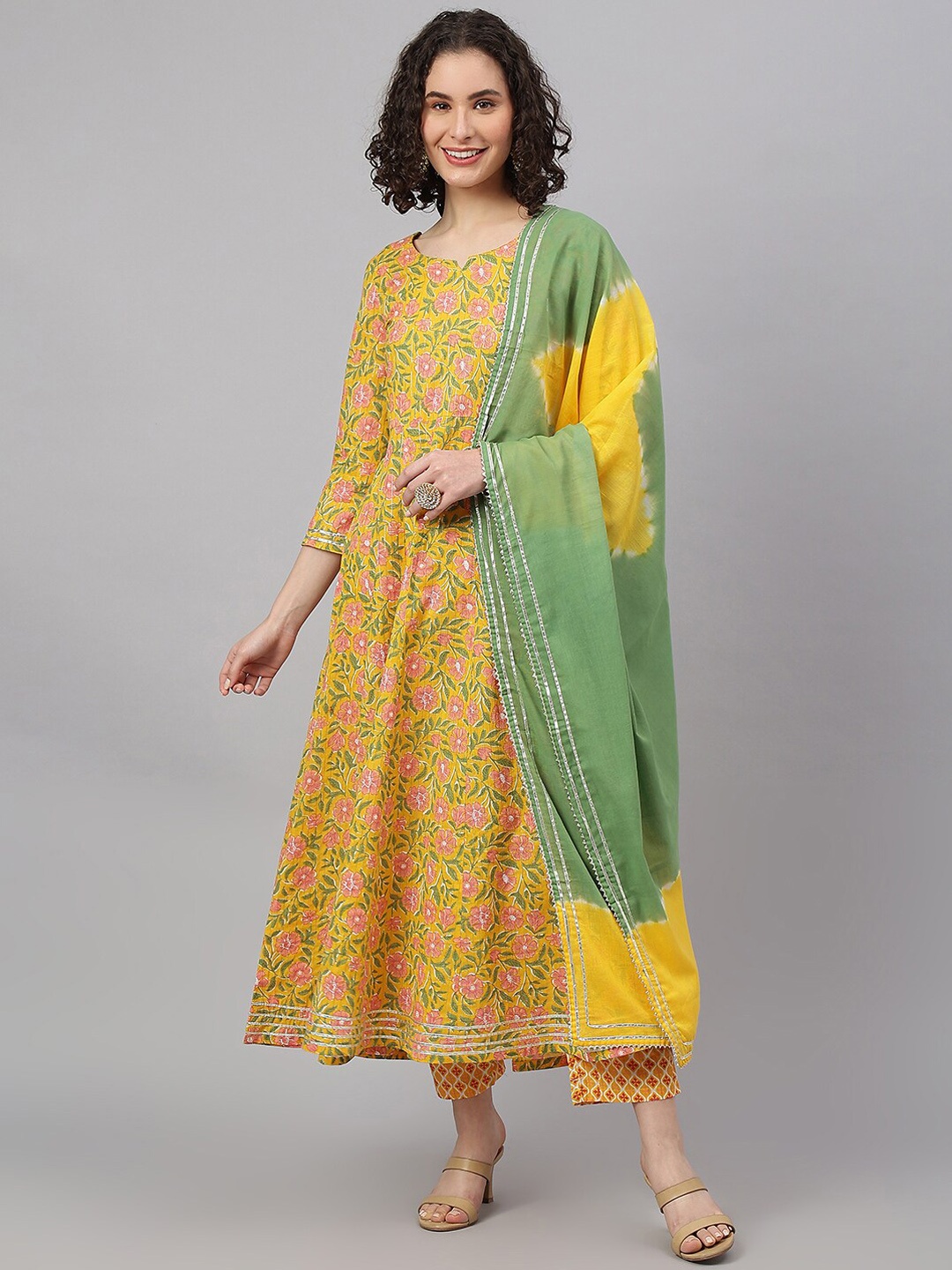 

KALINI Women Floral Printed Pure Cotton Kurta with Trousers & With Dupatta, Mustard