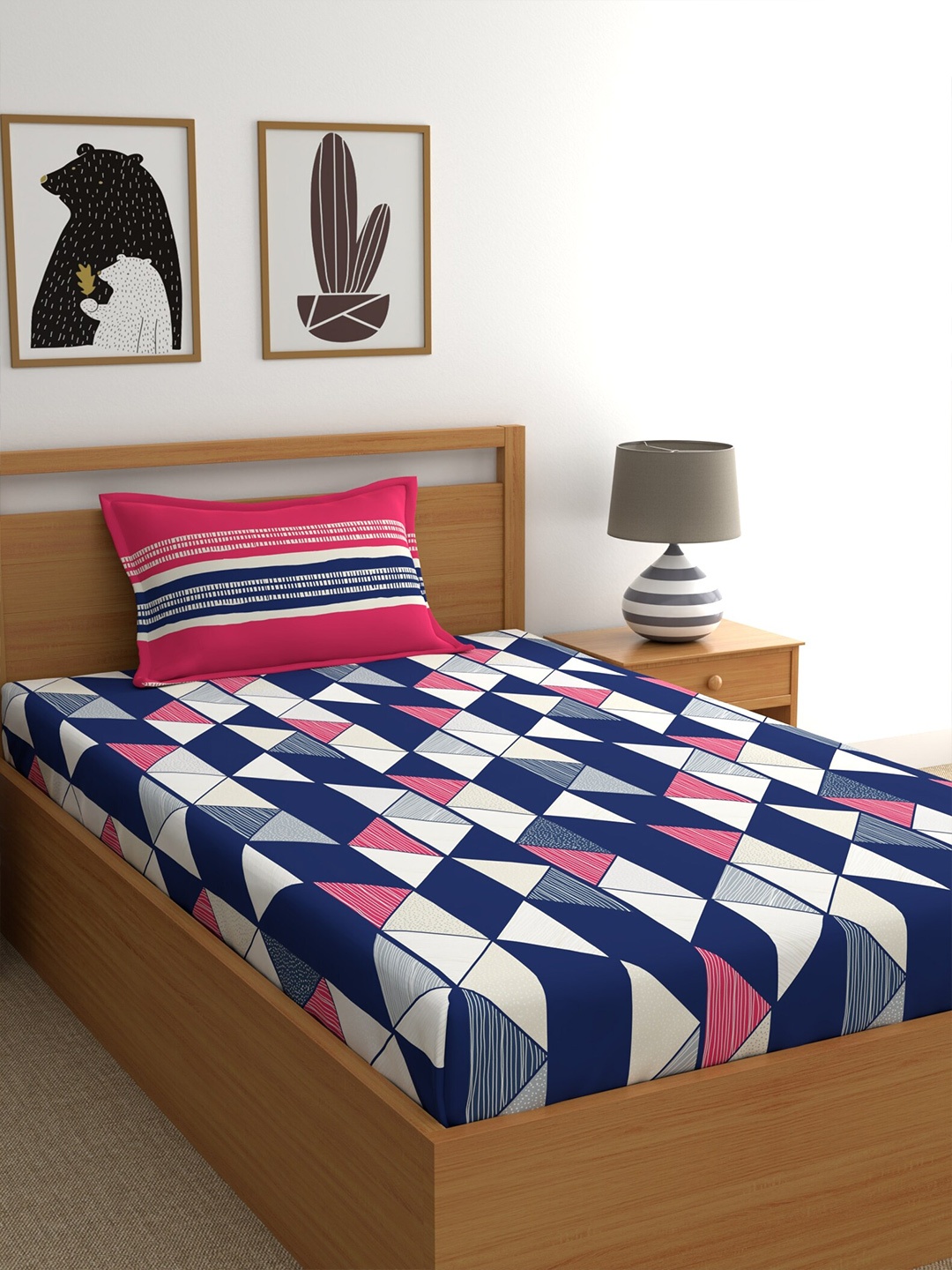 

Home Ecstasy Red & Navy Blue Printed 140 TC Single Cotton Bedsheet with 1 Pillow Covers