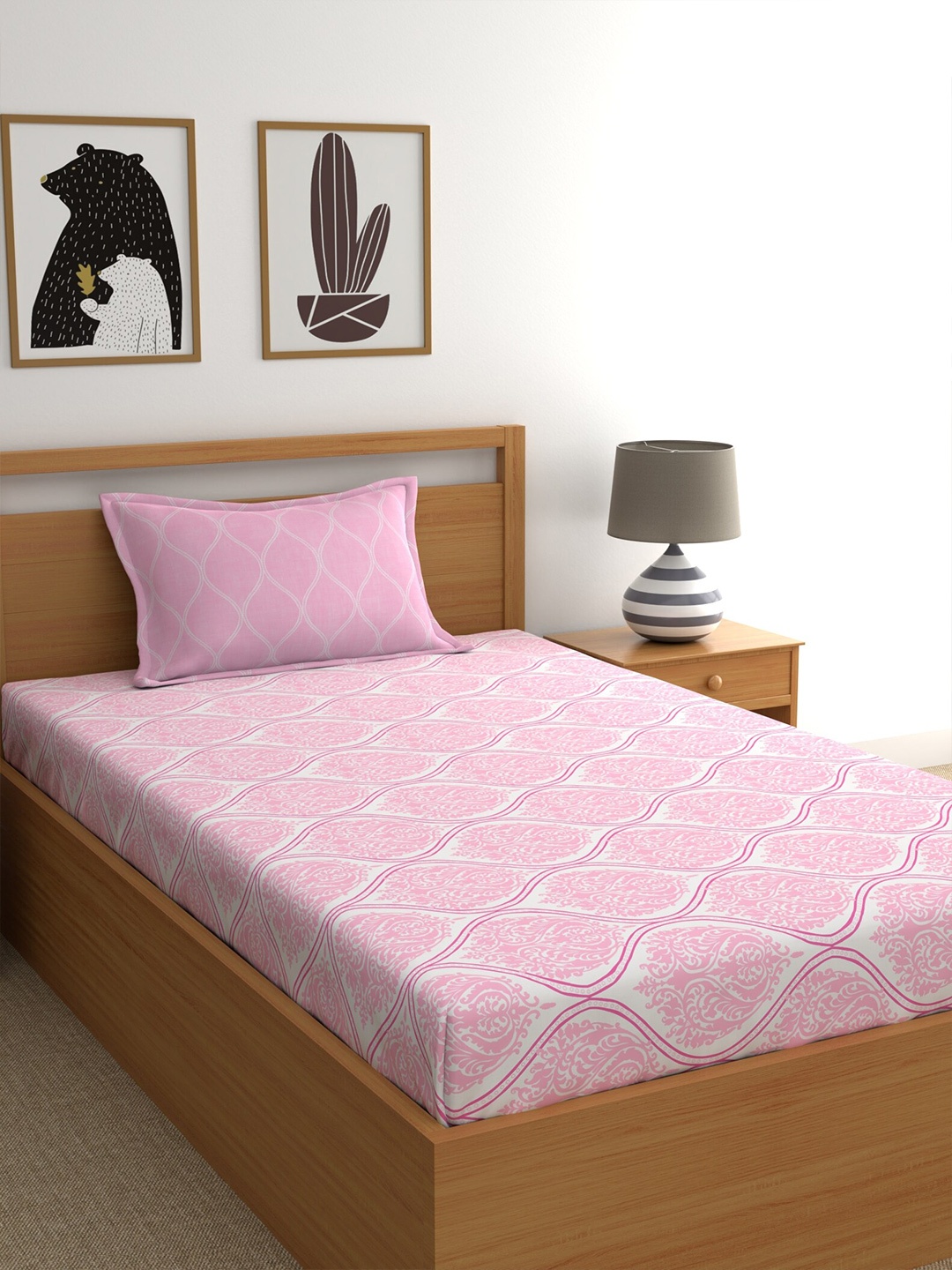 

Home Ecstasy Pink & White Ethnic Motifs 140 TC Single Cotton Bedsheet with Pillow Cover