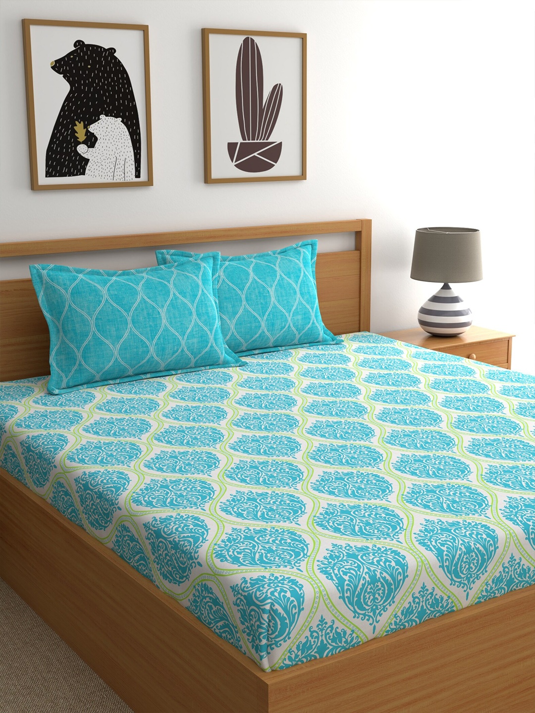 

Home Ecstasy Teal Blue & White Ethnic Motifs 140 TC King Bedsheet with 2 Pillow Covers