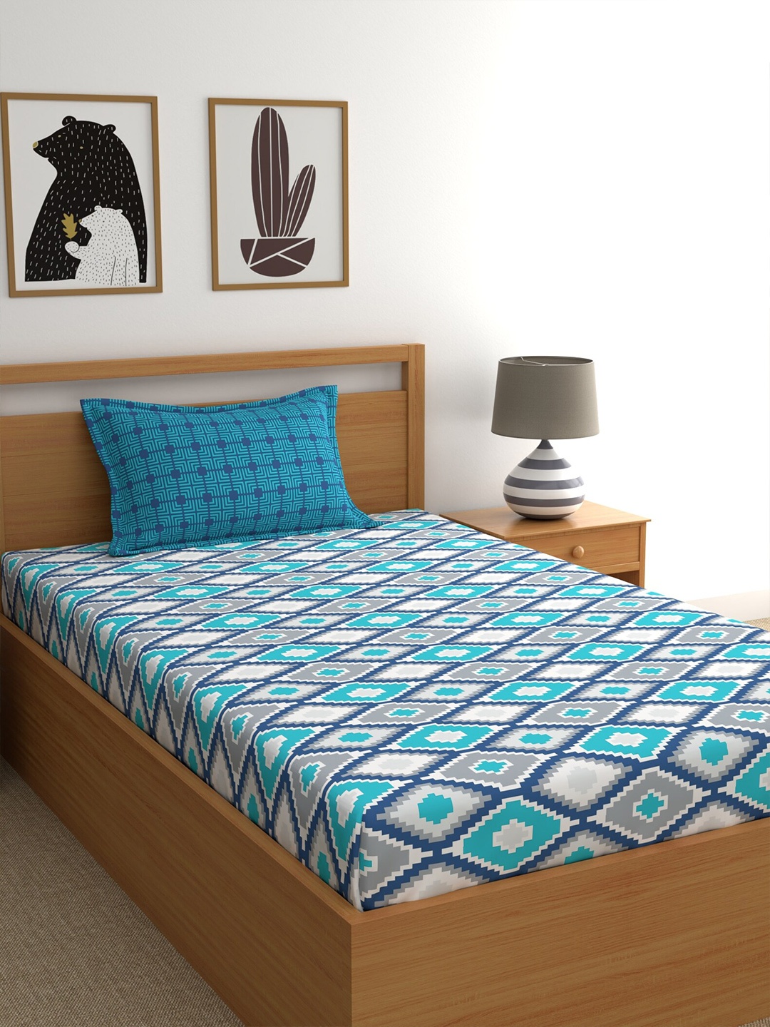 

Home Ecstasy Teal Blue & White Printed 140 TC Single Cotton Bedsheet with Pillow Cover