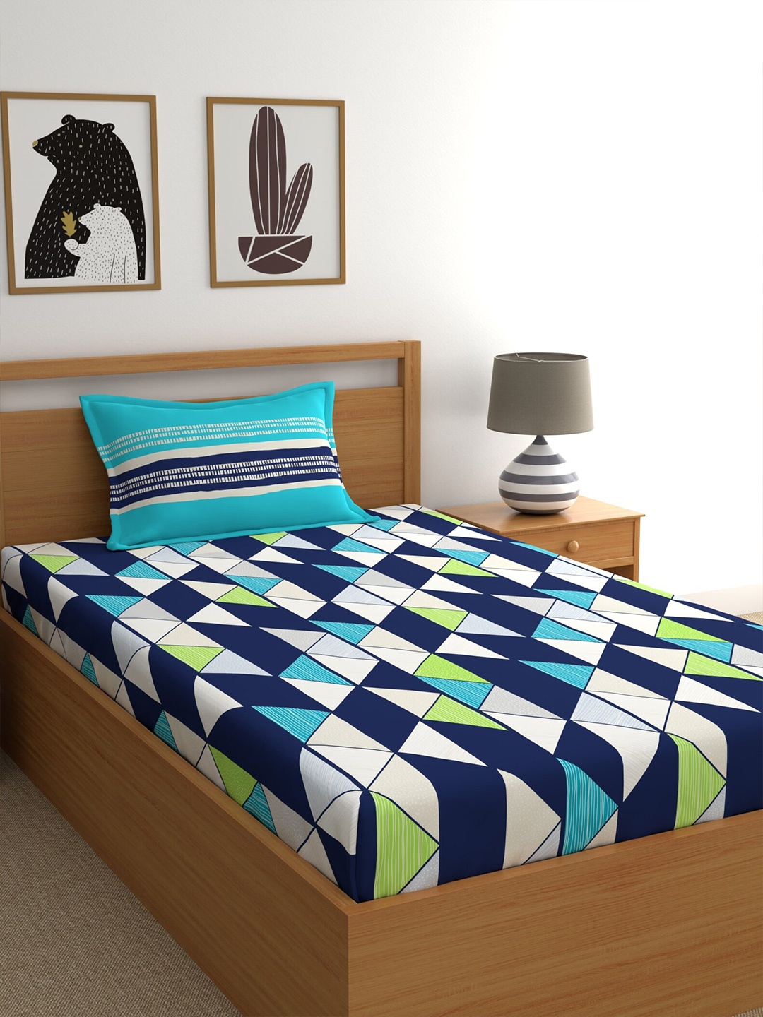 

Home Ecstasy Navy Blue & White Printed 140 TC Single Cotton Bedsheet with Pillow Cover