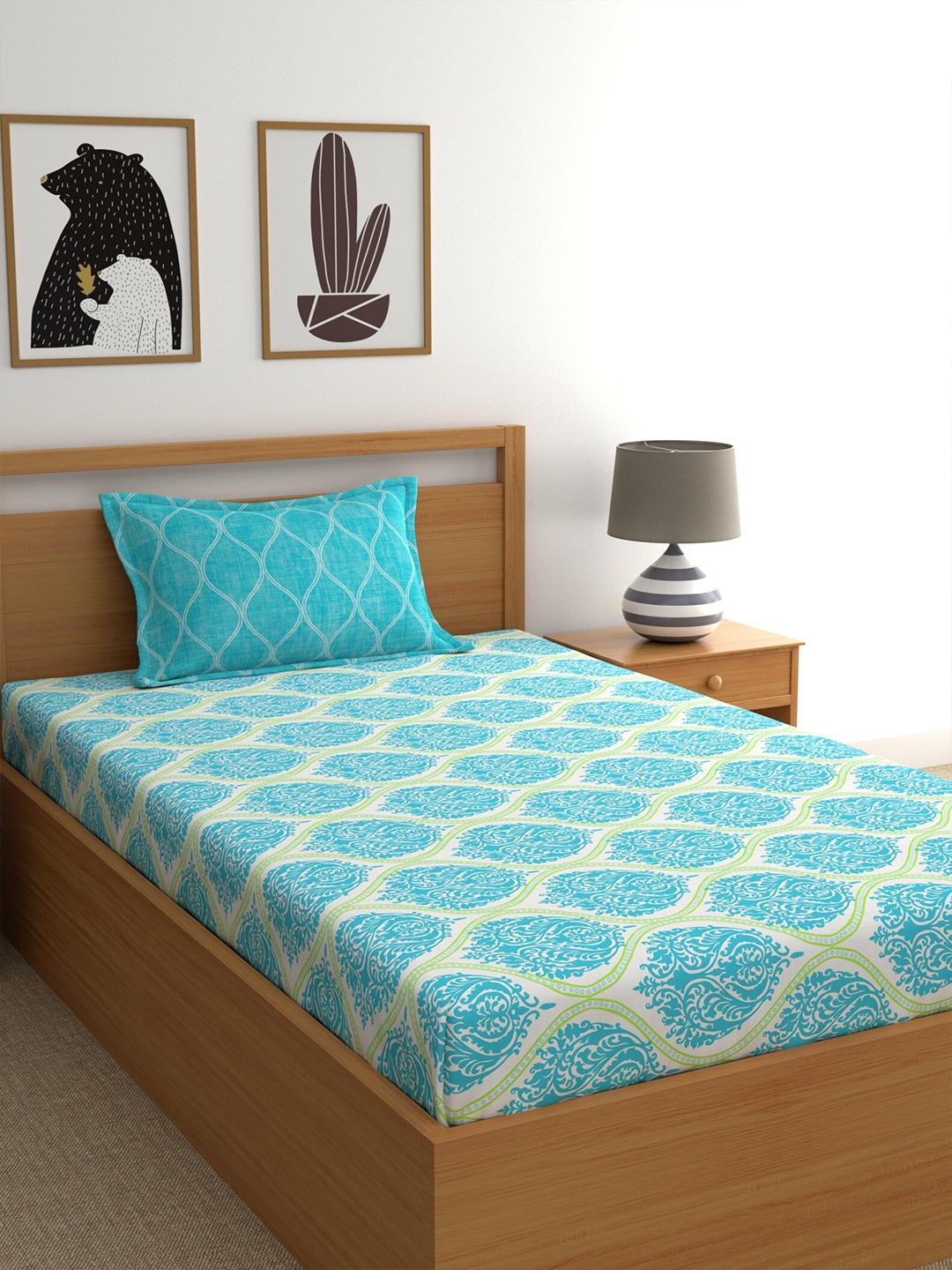 

Home Ecstasy Teal Blue & White Ethnic Motifs 140 TC Single Bedsheet with Pillow Cover