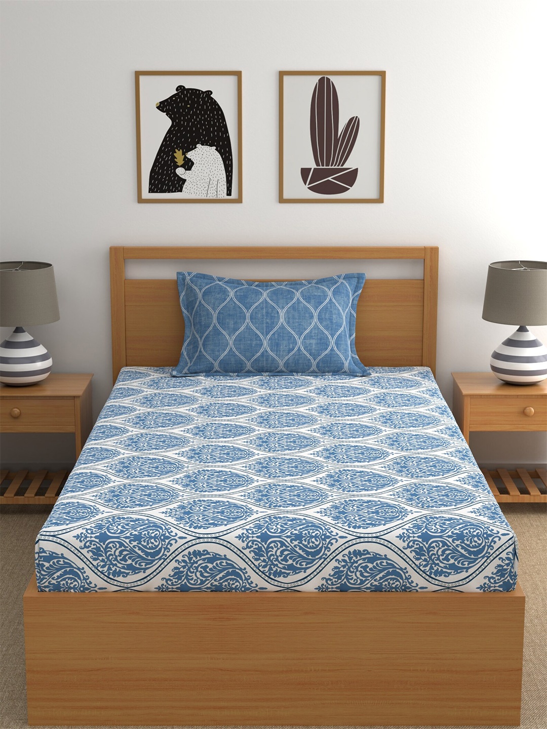 

Home Ecstasy Blue & White Ethnic Motifs 140 TC Single Cotton Bedsheet with Pillow Cover