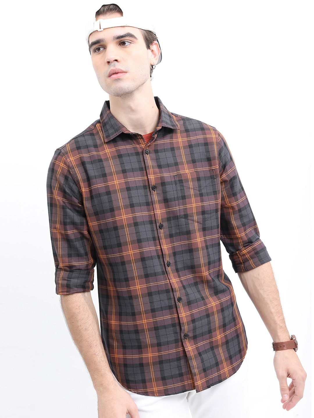 

KETCH Men Slim Fit Tartan Checked Casual Shirt, Brown