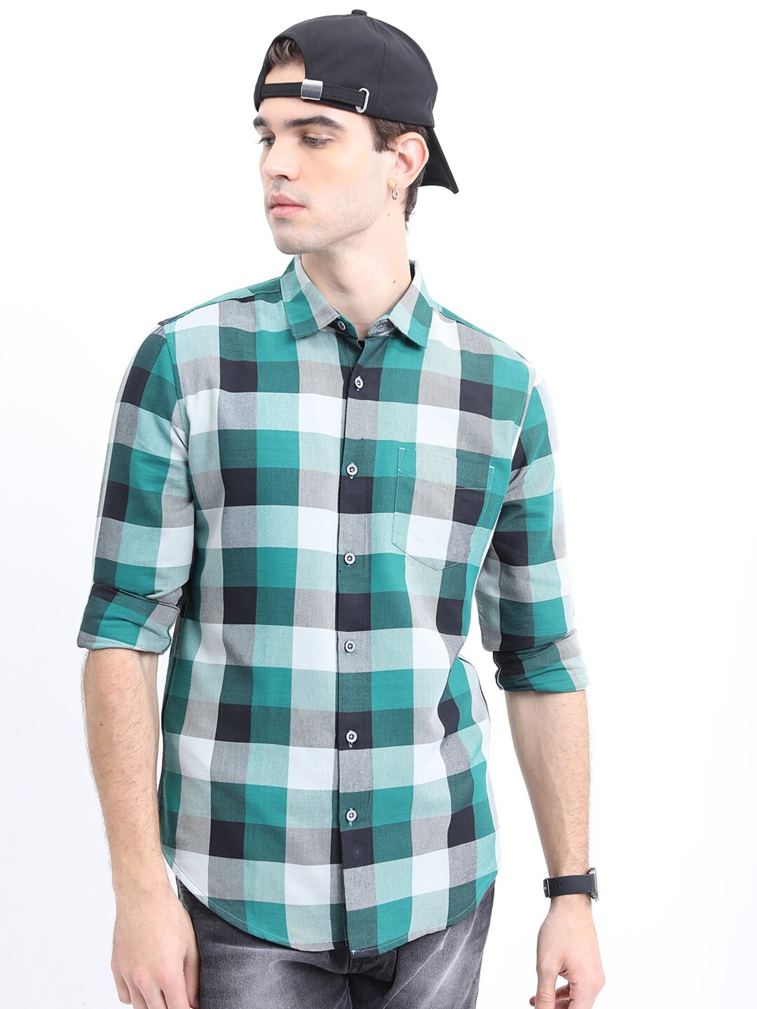 

KETCH Men Slim Fit Buffalo Checked Casual Shirt, Green