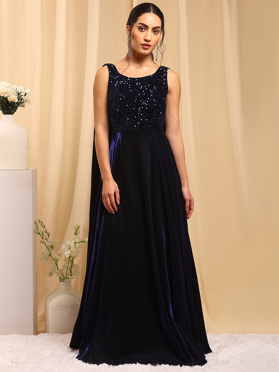 

TRENDY DIVVA Velvet Embellished Ball Gown with Back Drape Dress, Navy blue