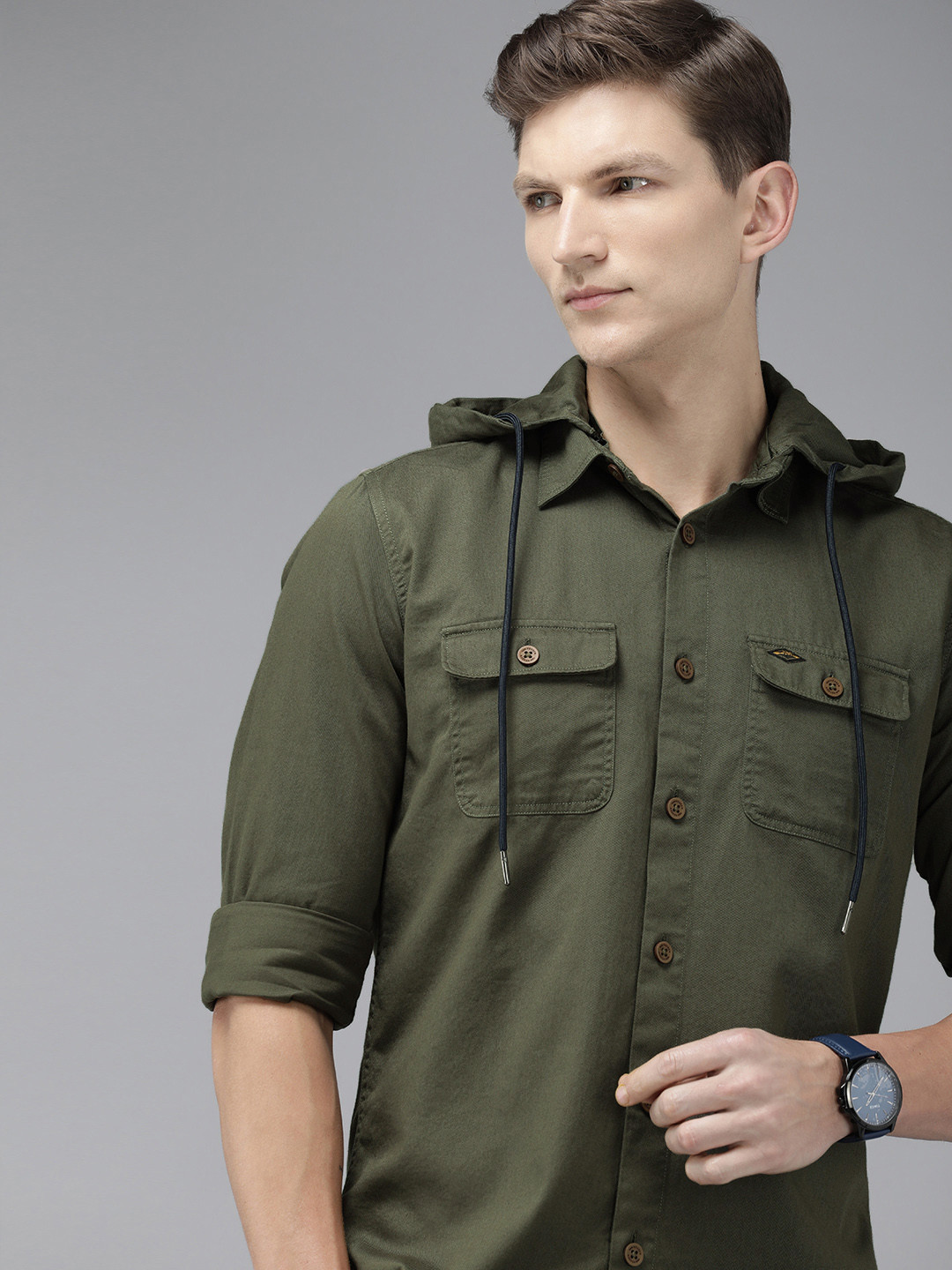 

VAN HEUSEN DENIM LABS Pure Cotton Slim Fit Detachable Hooded Shirt, Olive