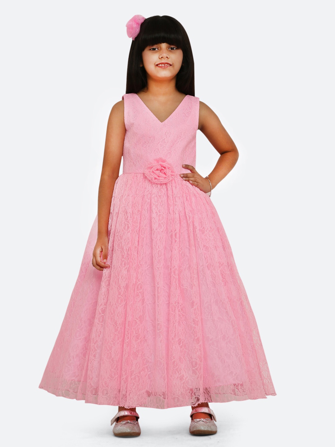 

Maybemine Girls Self Design V-Neck Maxi Dress, Pink