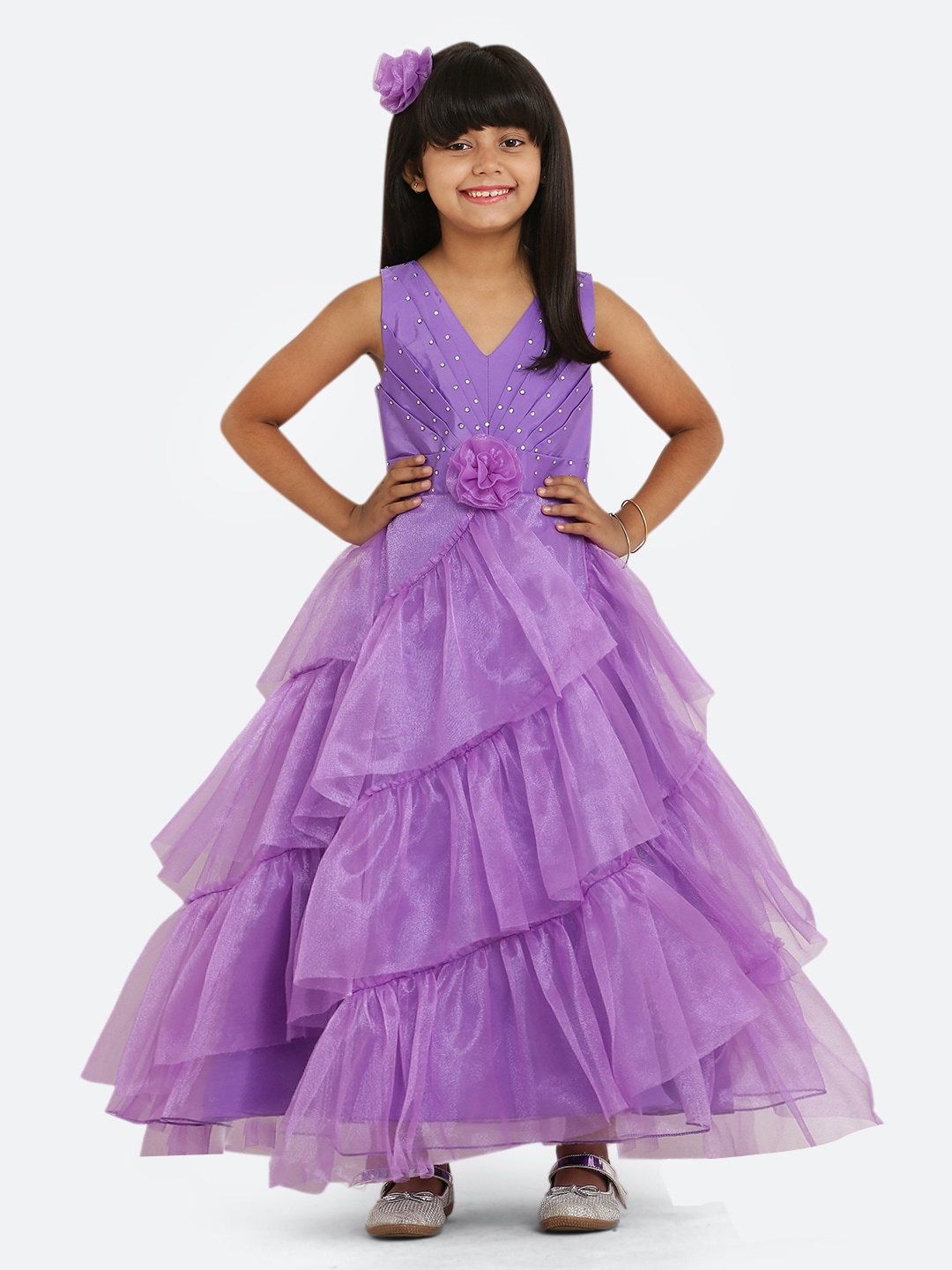 

Maybemine Girls Lace Frills Bows & Ruffles Silk Maxi Dress, Purple