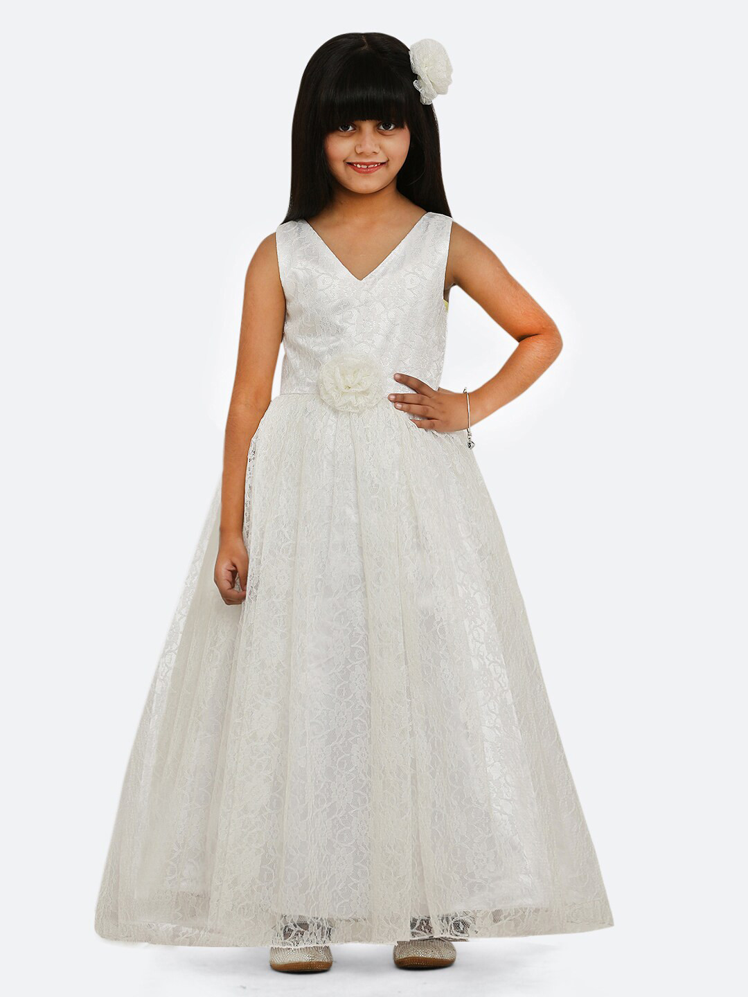 

Maybemine Girls Self Design V-Neck Silk Maxi Dress, White