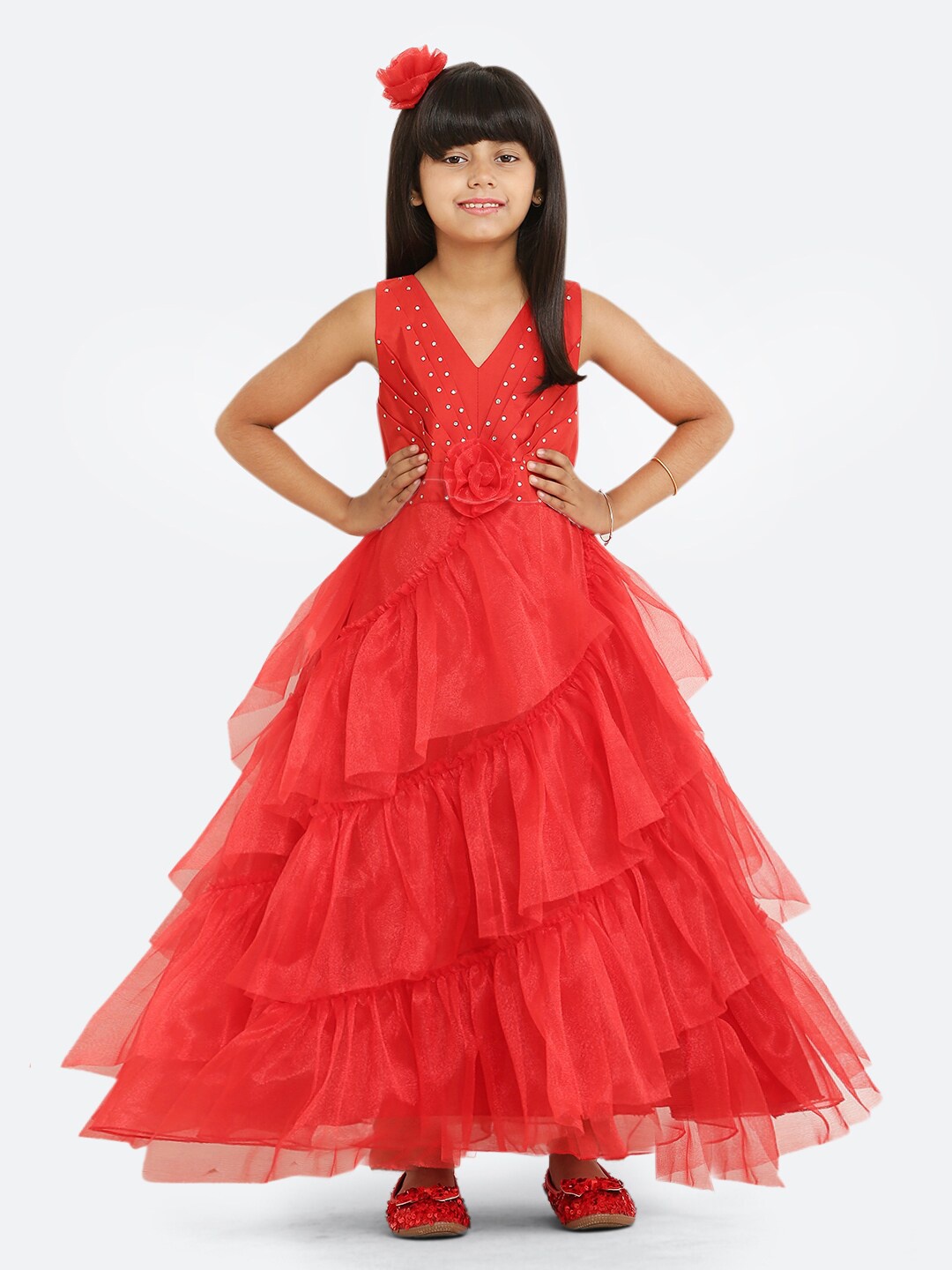 

Maybemine Girls Self Design V-Neck Silk Maxi Dress, Red