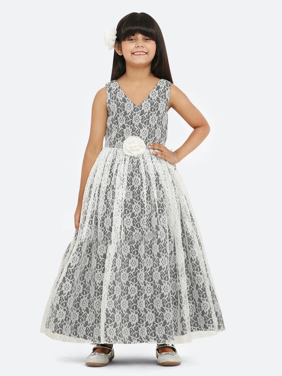 

Maybemine Girls Self Design V-Neck Silk Maxi Dress, White