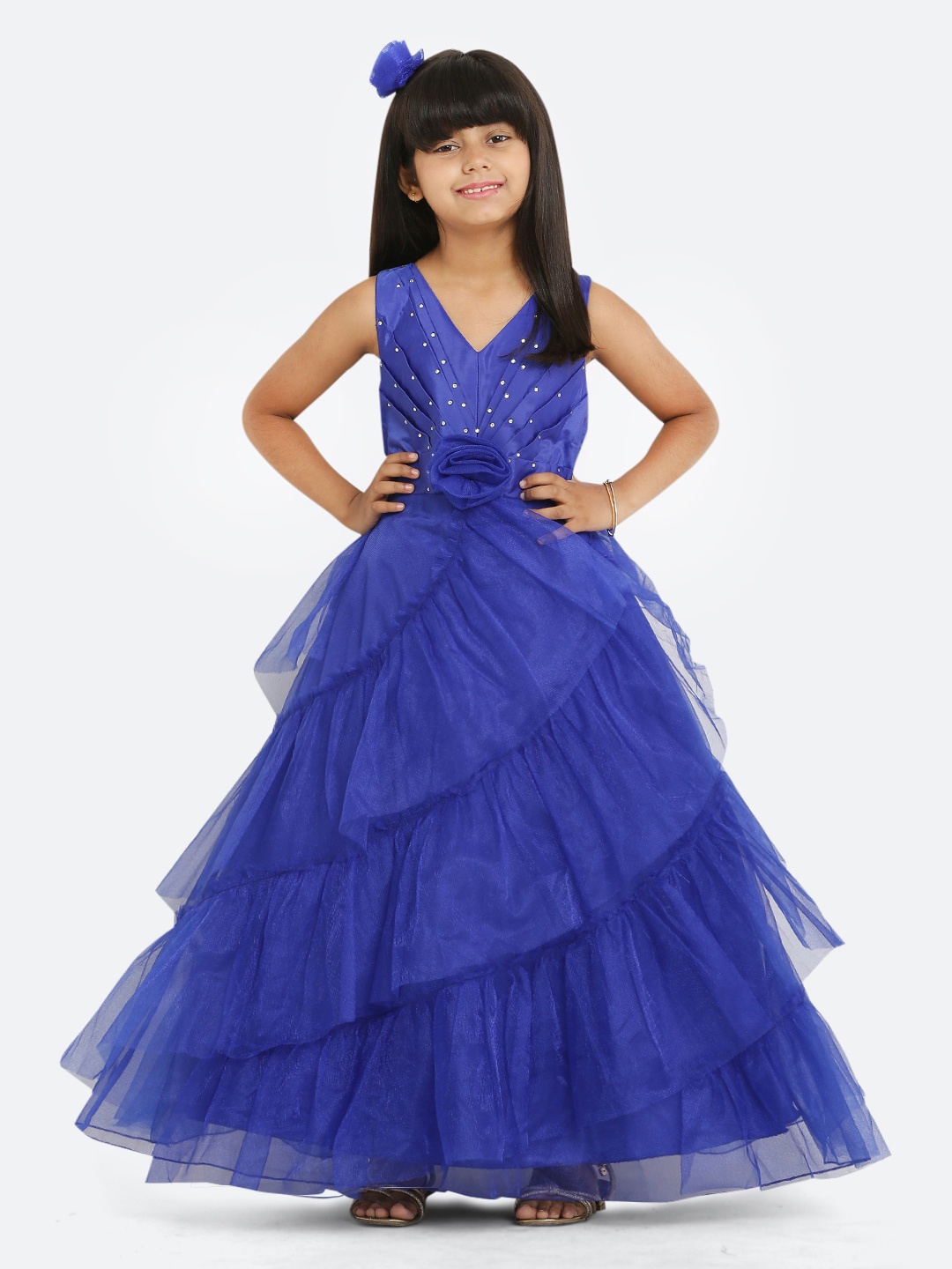 

Maybemine Girls Self Design V-Neck Silk Maxi Dress, Blue