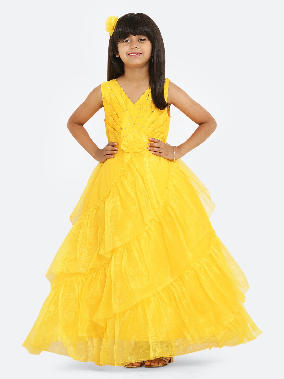 

Maybemine Girls Self Design V-Neck Silk Maxi Dress, Yellow