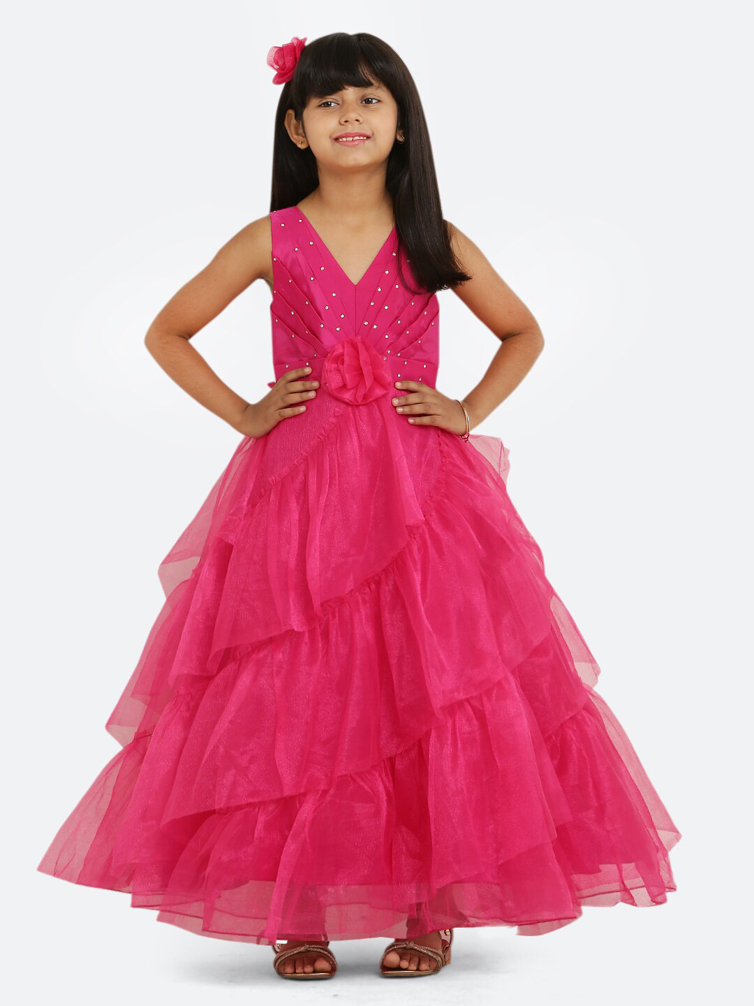 

Maybemine Girls Self Design V-Neck Silk Maxi Dress, Pink