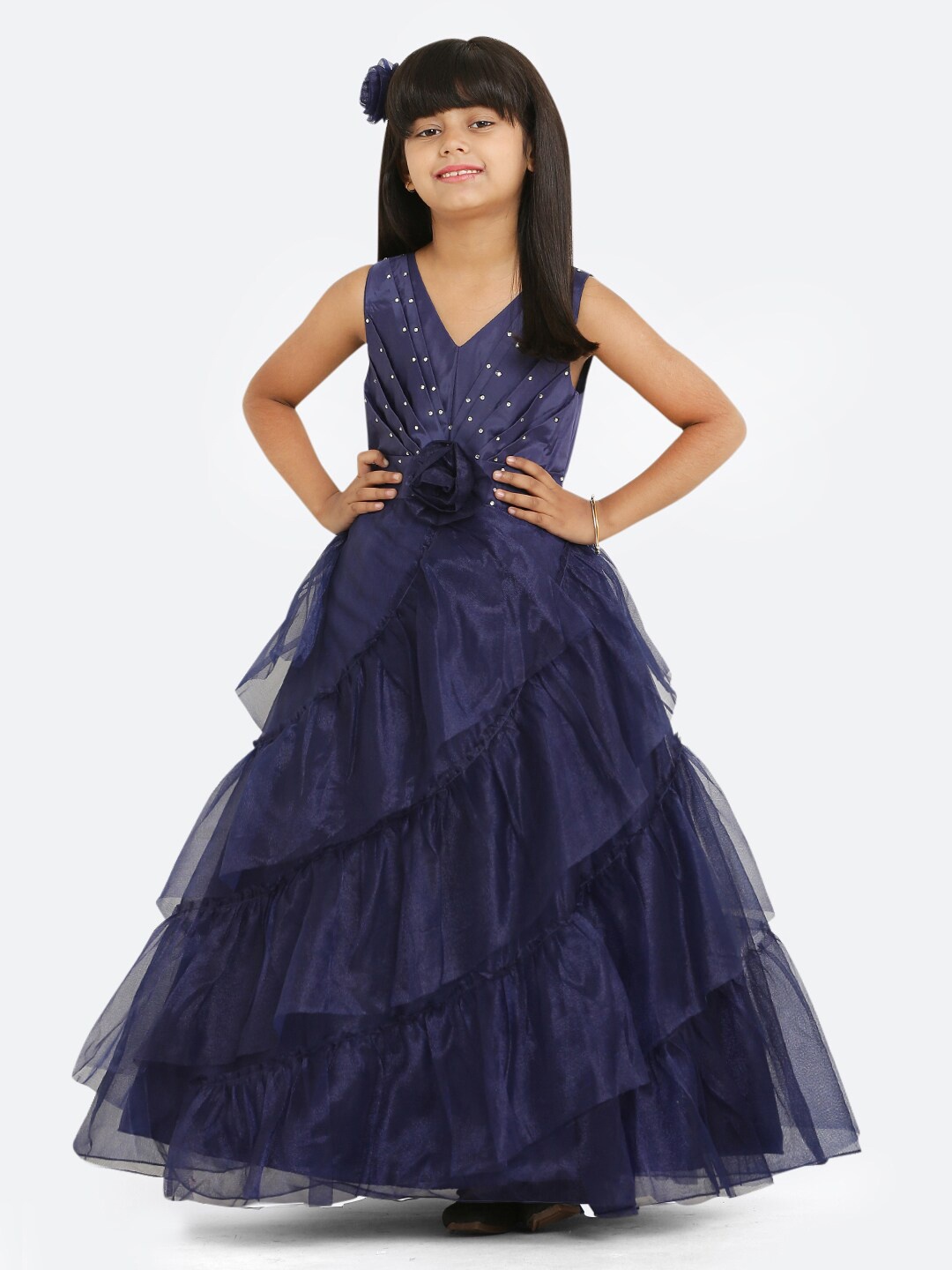 

Maybemine Girls Self Design V-Neck Silk Maxi Dress, Navy blue