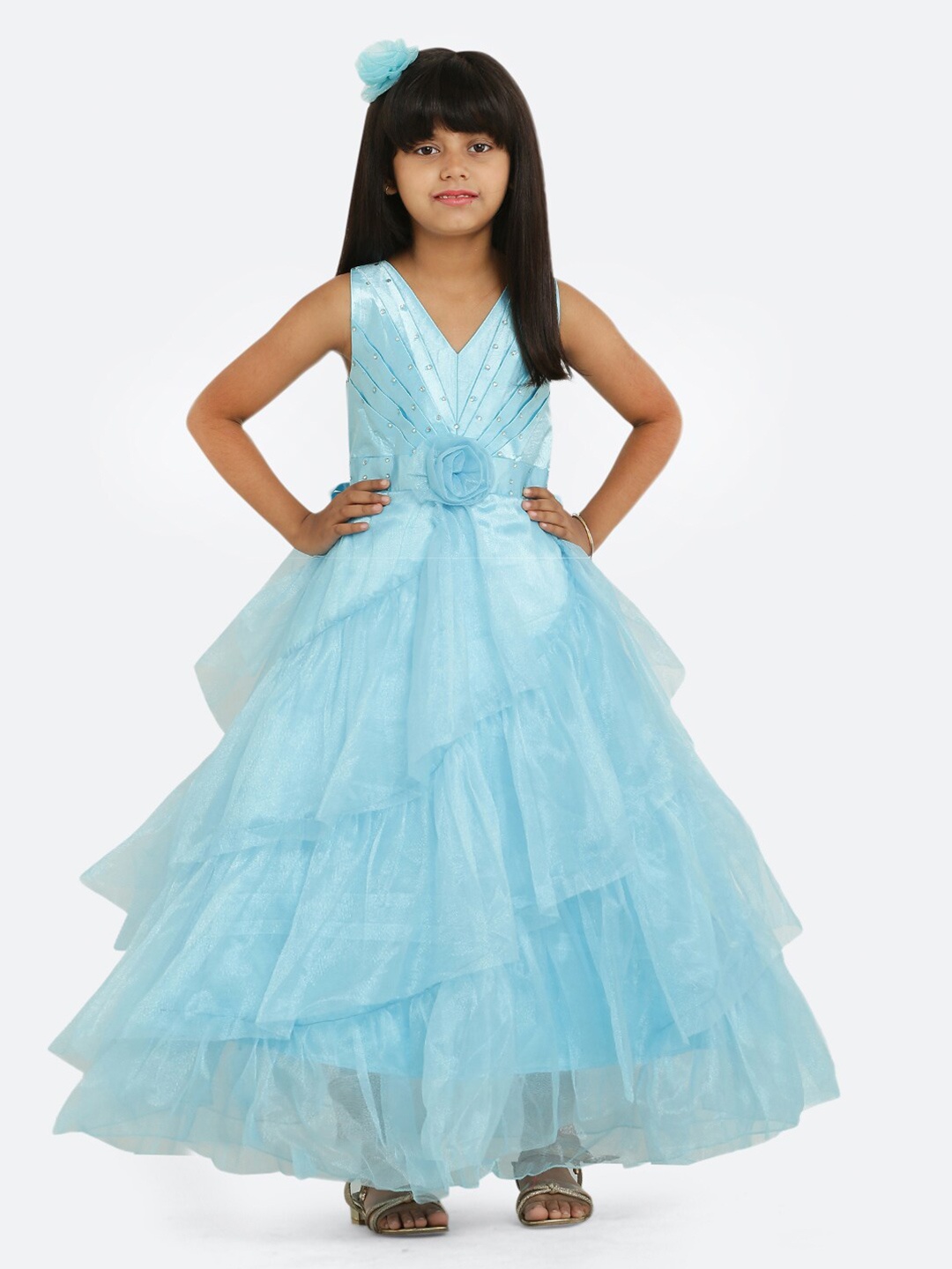 

Maybemine Girls Self Design Silk Maxi Dress, Turquoise blue
