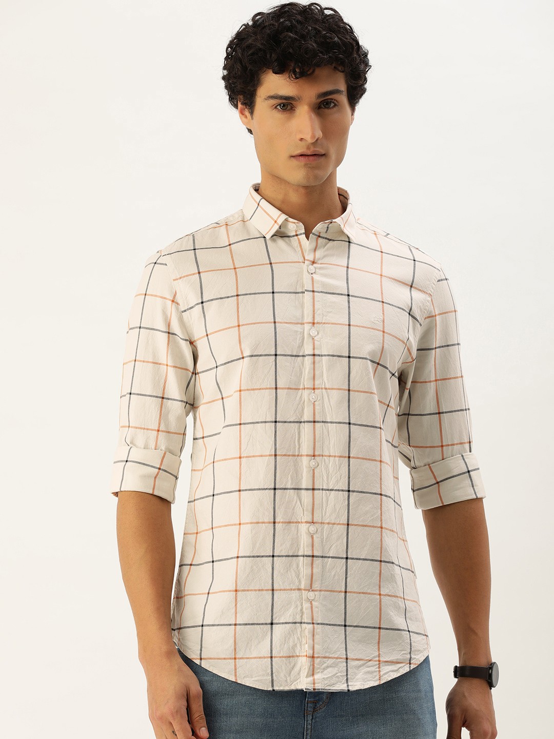 

Peter England Better Jeans Company Men Super Slim Fit Checked Pure Cotton Casual Shirt, Off white