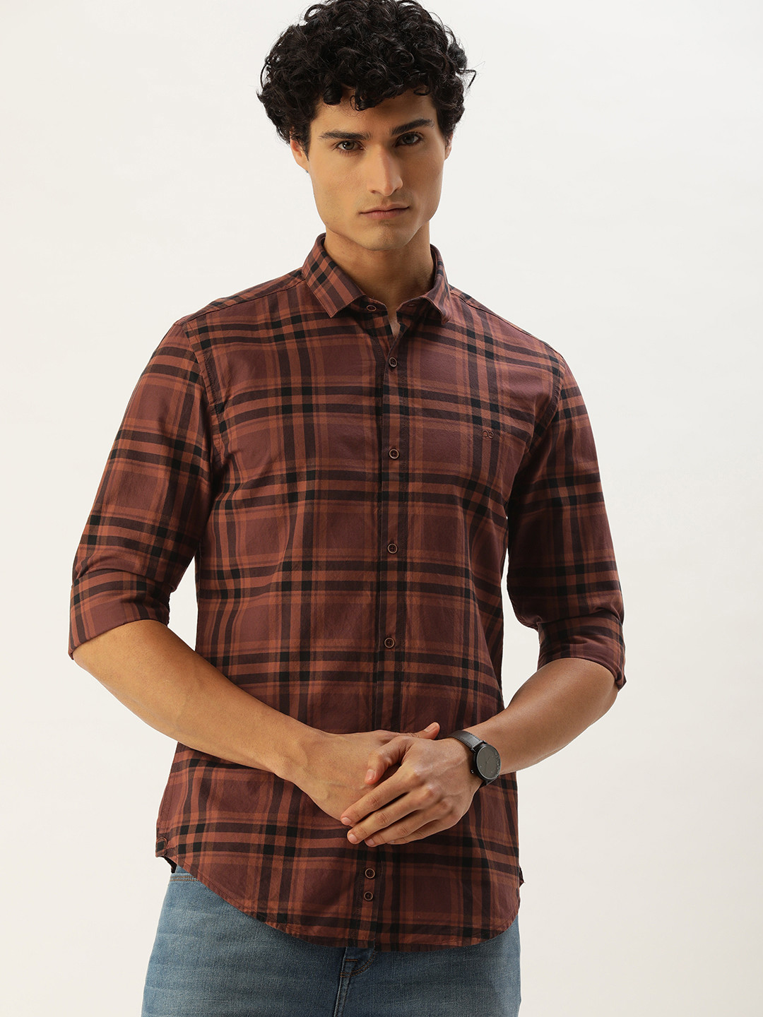

Peter England Better Jeans Company Men Super Slim Fit Checked Pure Cotton Casual Shirt, Brown