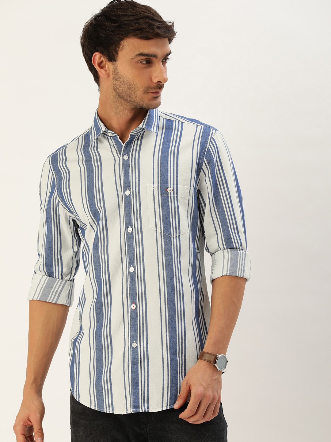 

Peter England Better Jeans Company Men Super Slim Fit Striped Pure Cotton Casual Shirt, Blue