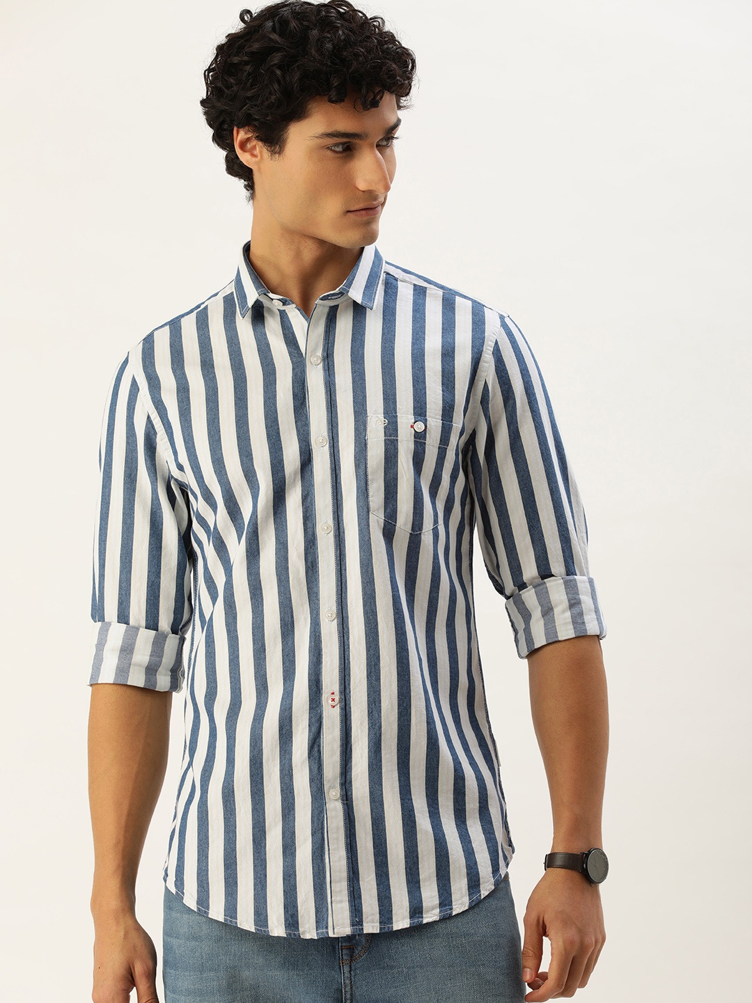 

Peter England Better Jeans Company Men Super Slim Fit Striped Casual Shirt, Blue