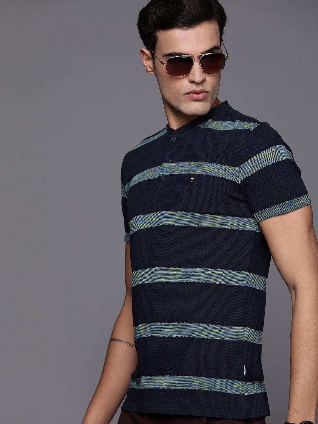 

Louis Philippe Jeans Self Design Striped Henley Neck T-shirt, Navy blue