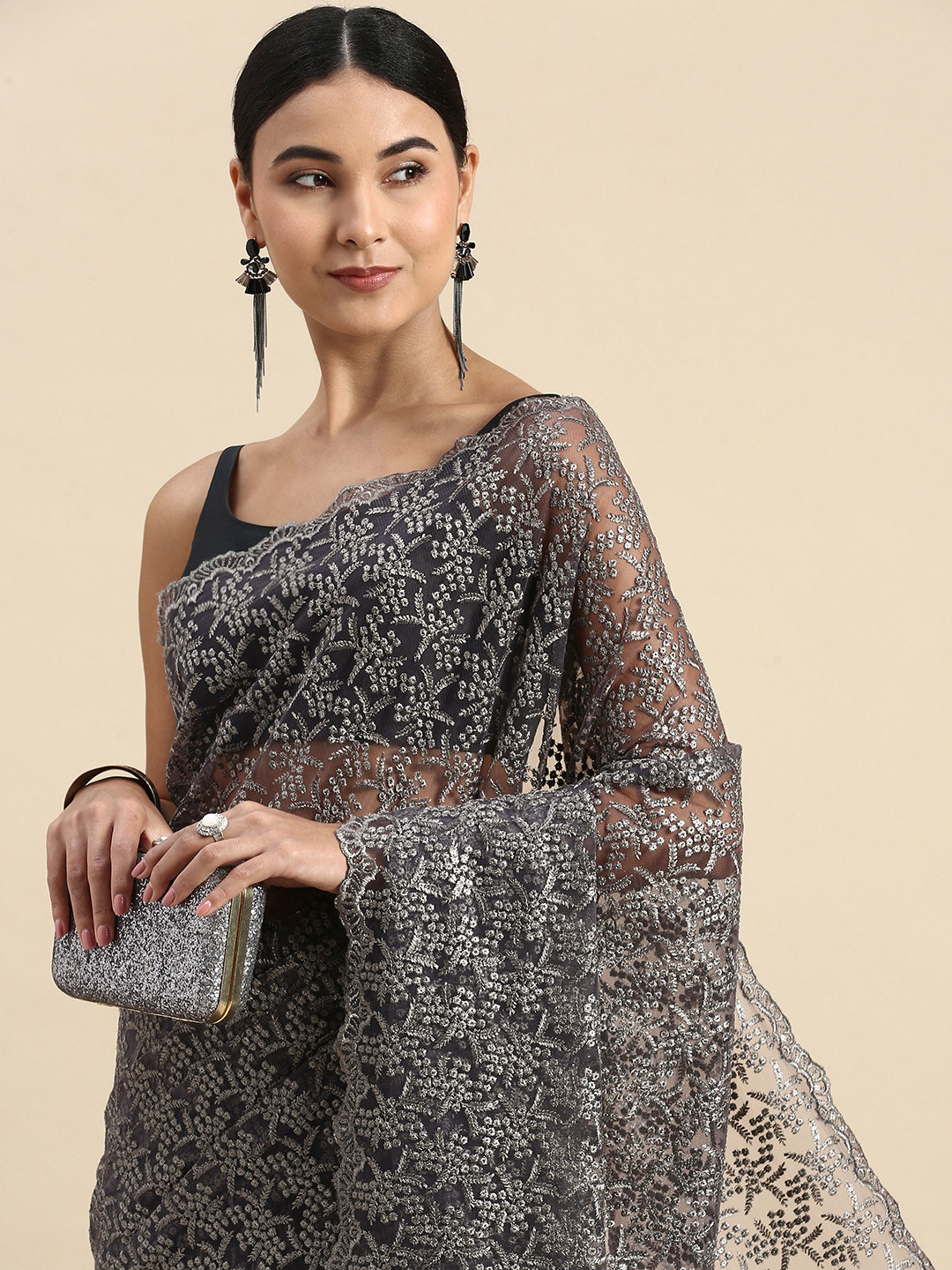 

LTS Label Tripti Saxena Ethnic Motifs Embroidered Net Saree, Grey