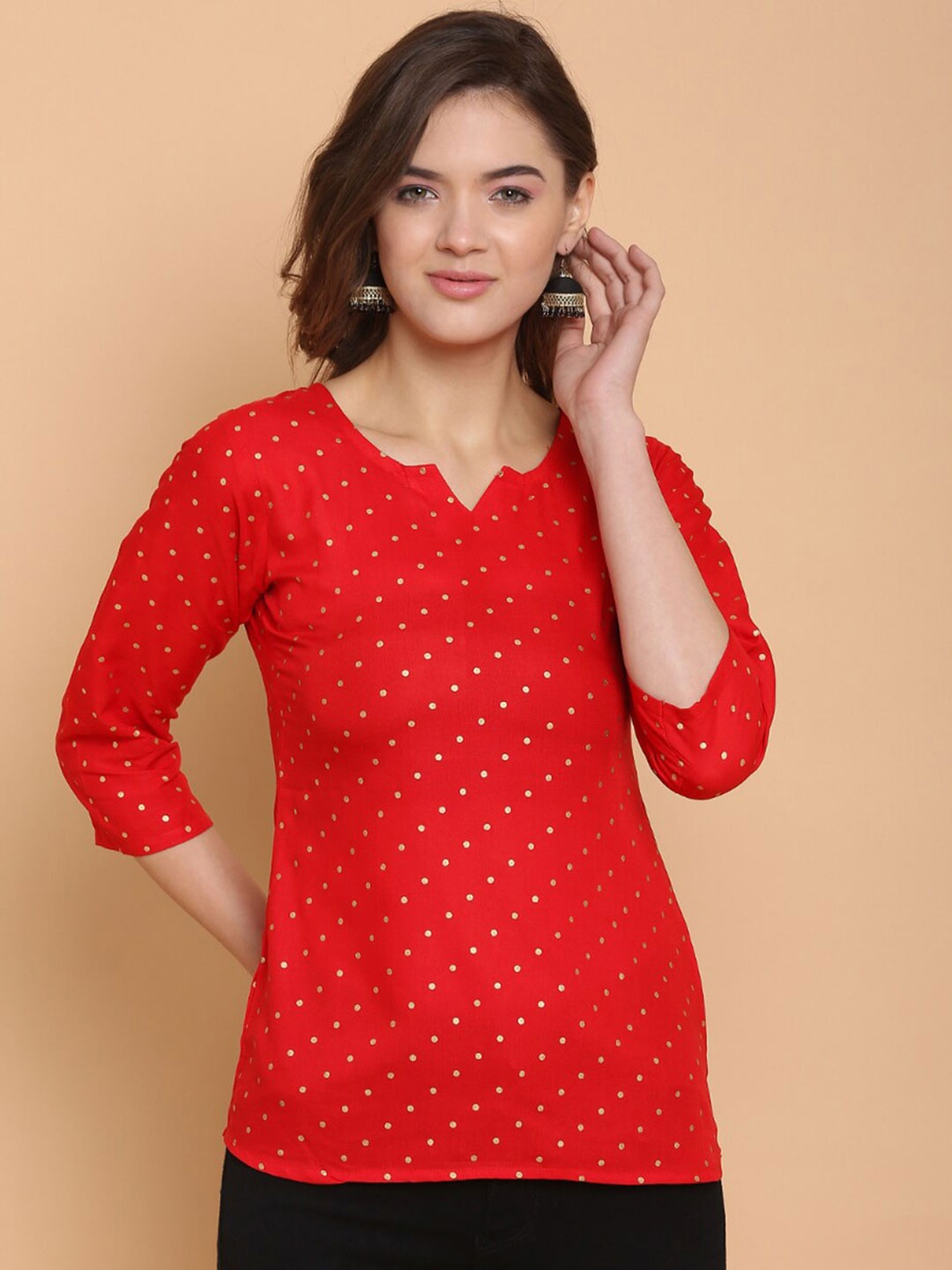

KALINI Women Red Rayon Polka Dots Printed Western Top