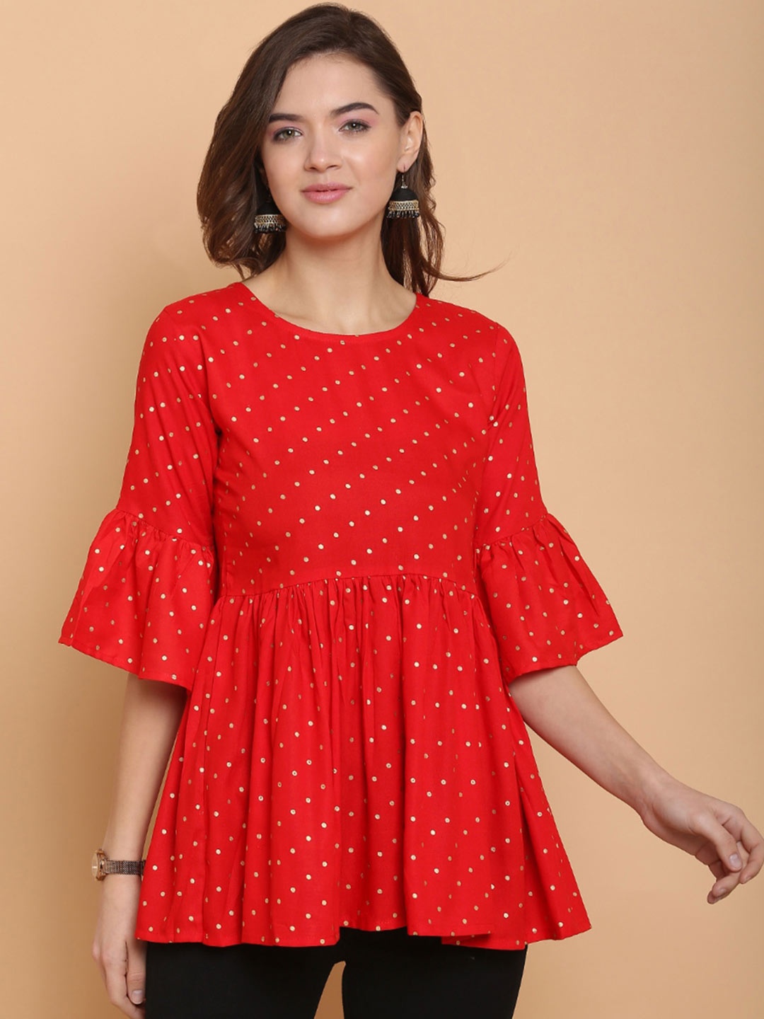

KALINI Women Red Rayon Polka Dots Printed Western Top