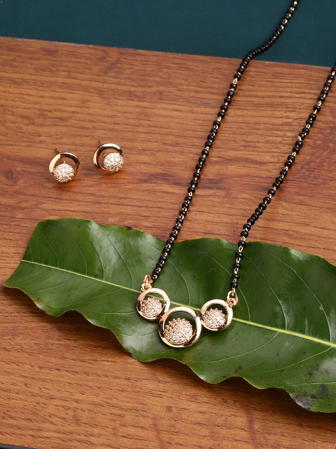 

PANASH Gold-Plated CZ Studded & Beaded Mangalsutra With Earrings