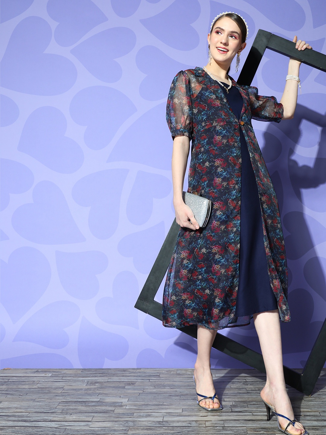 

Yufta Floral Printed A-Line Midi Dress, Navy blue