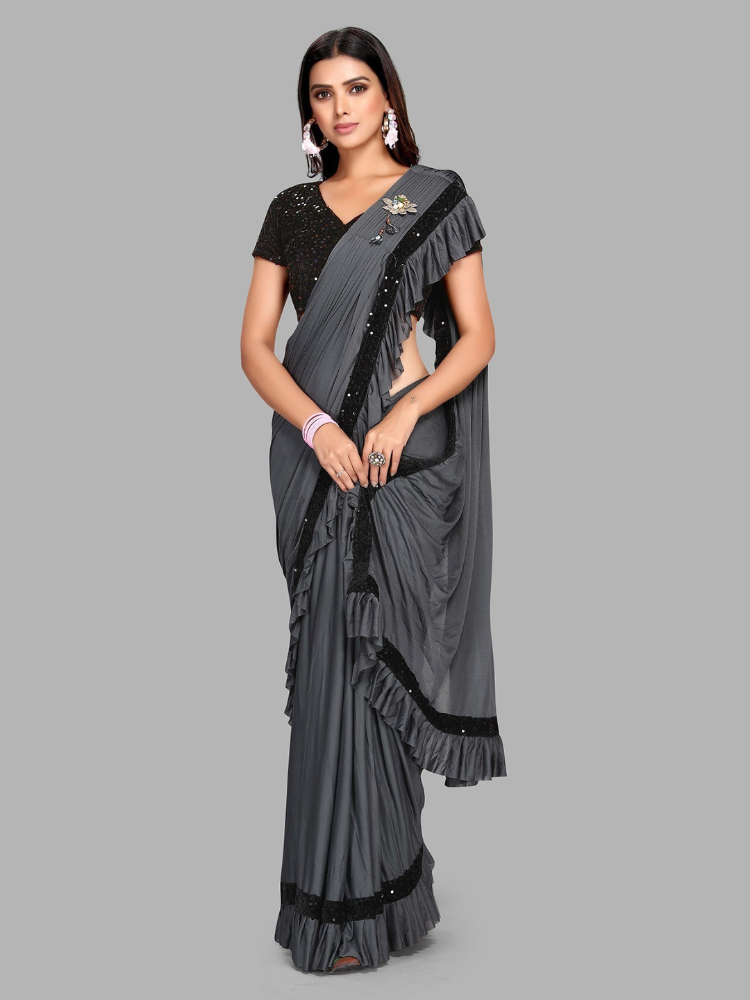 

Fashion Basket Sequinned Ready to Wear Saree, Grey