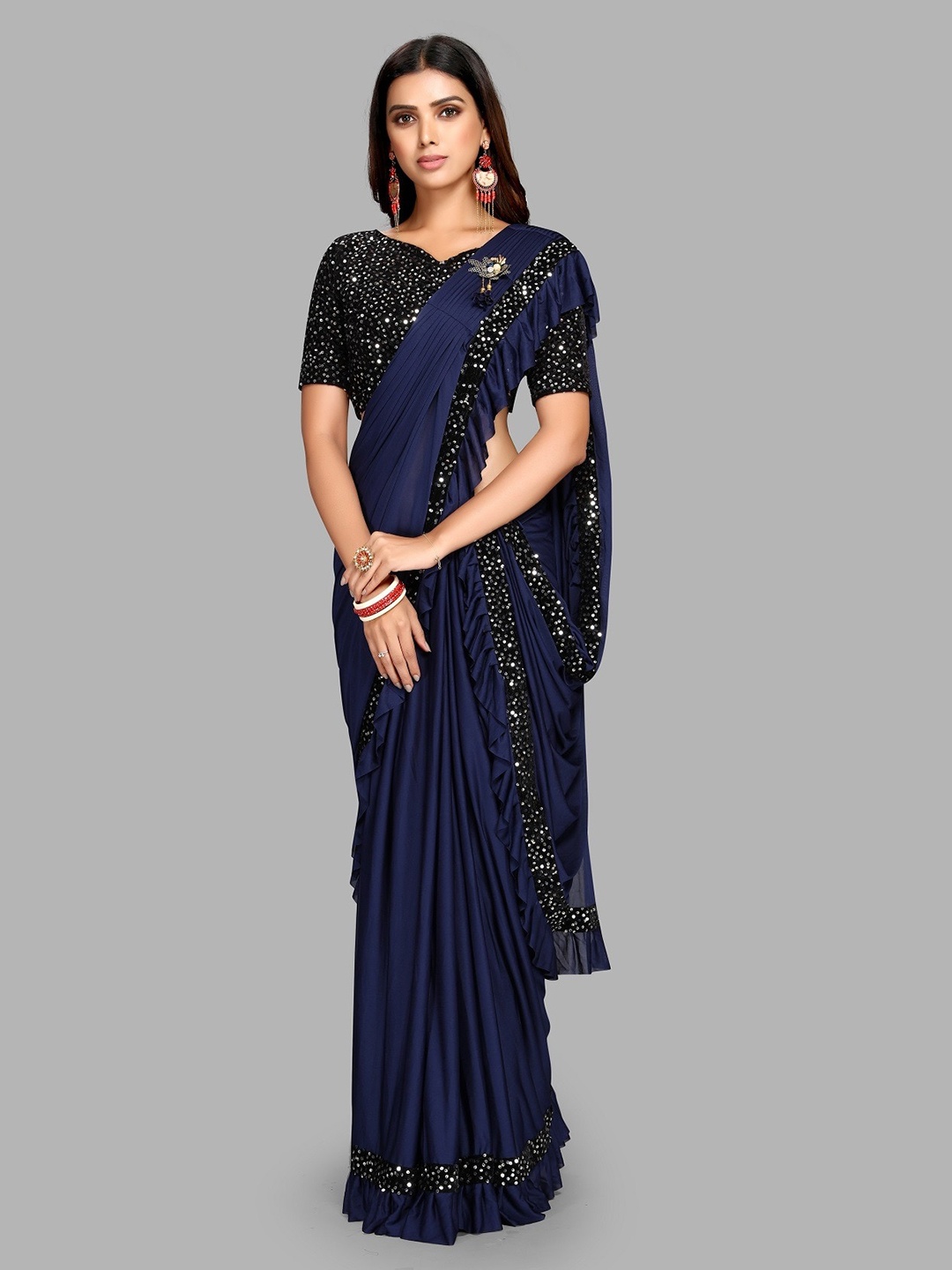 

Fashion Basket Sequinned Ruffled Saree, Navy blue