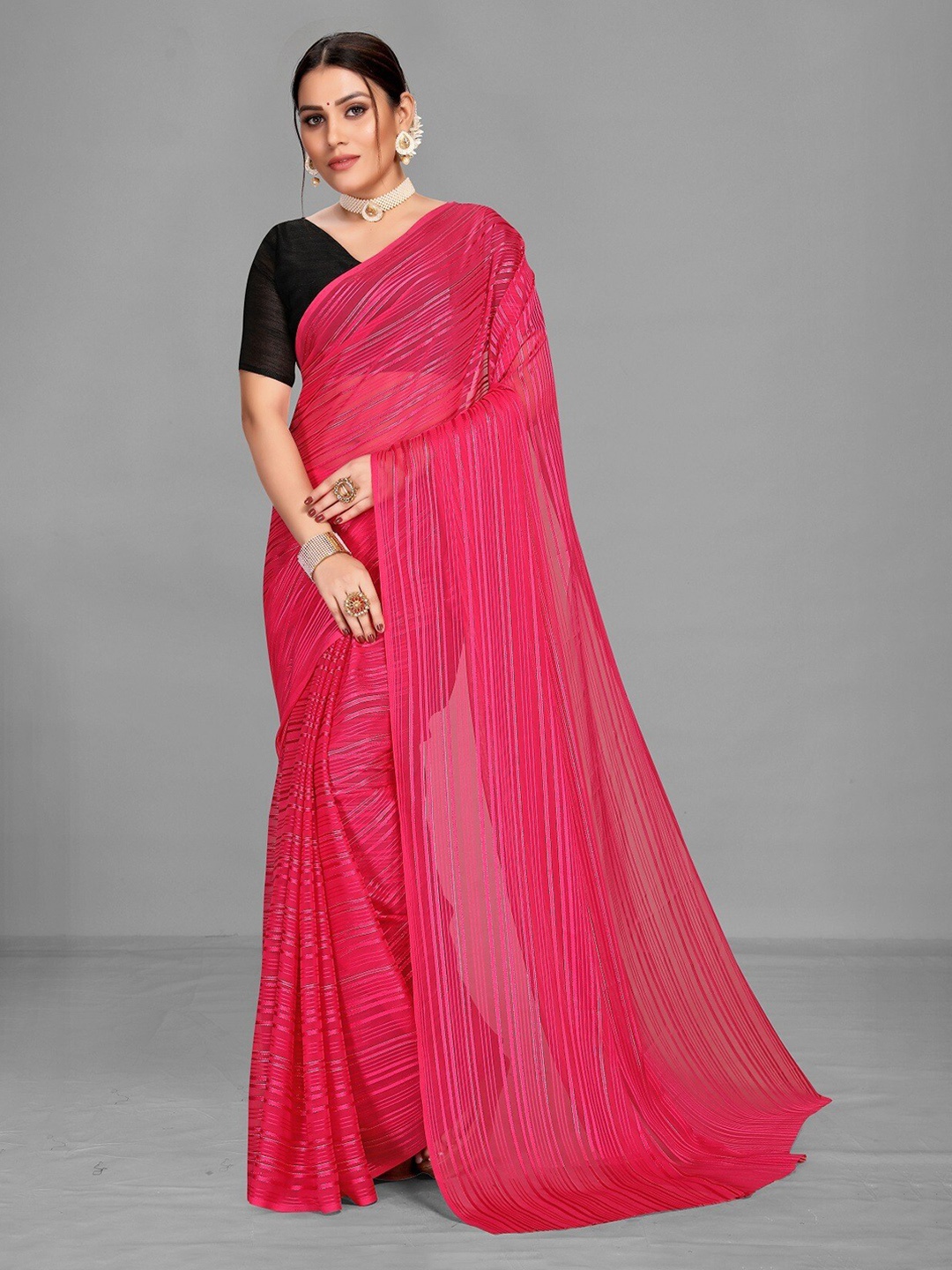 

Fashion Basket Striped Pure Georgette Saree, Pink