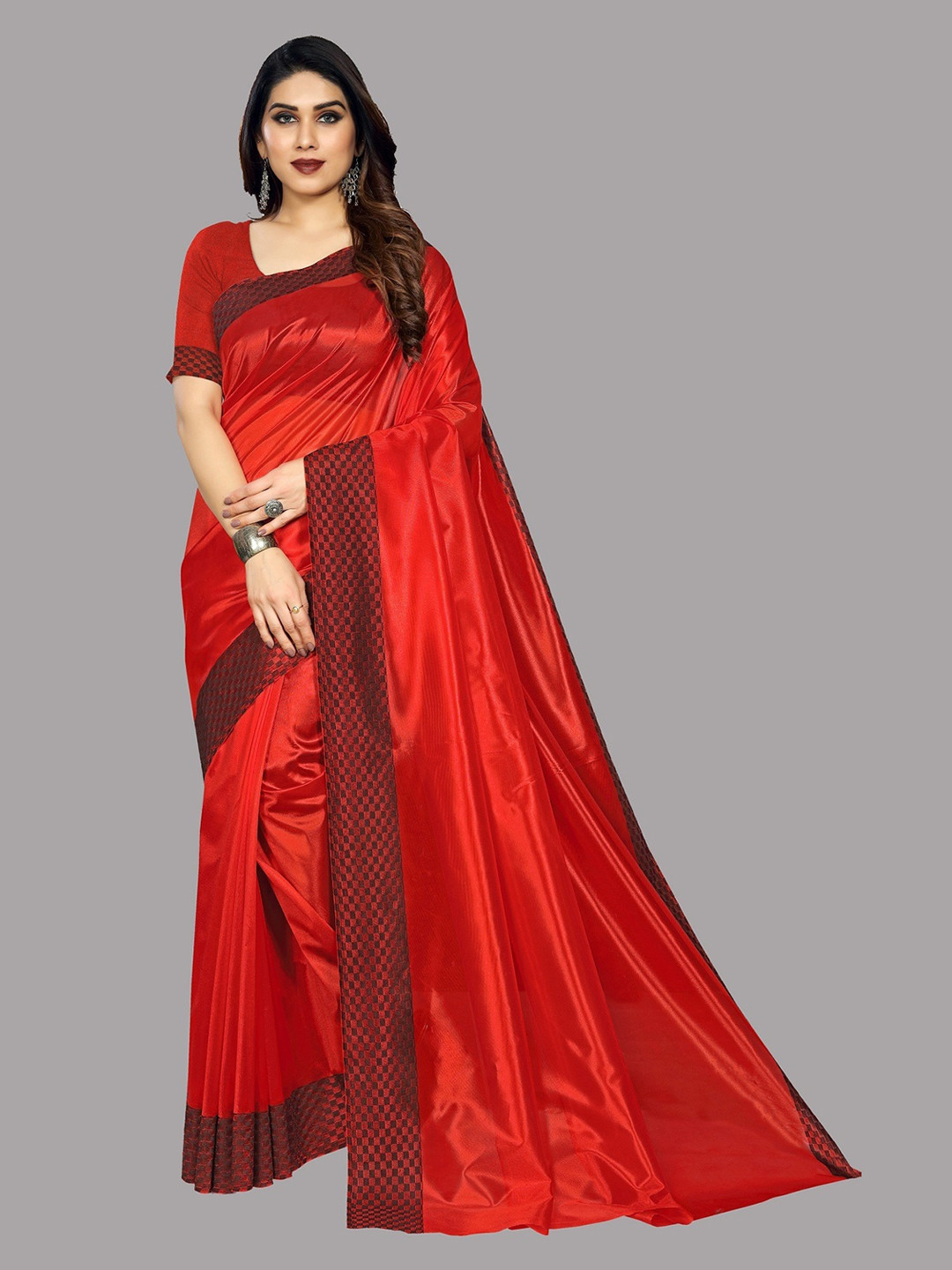 

Fashion Basket Checked Border Cotton Blend Saree, Red