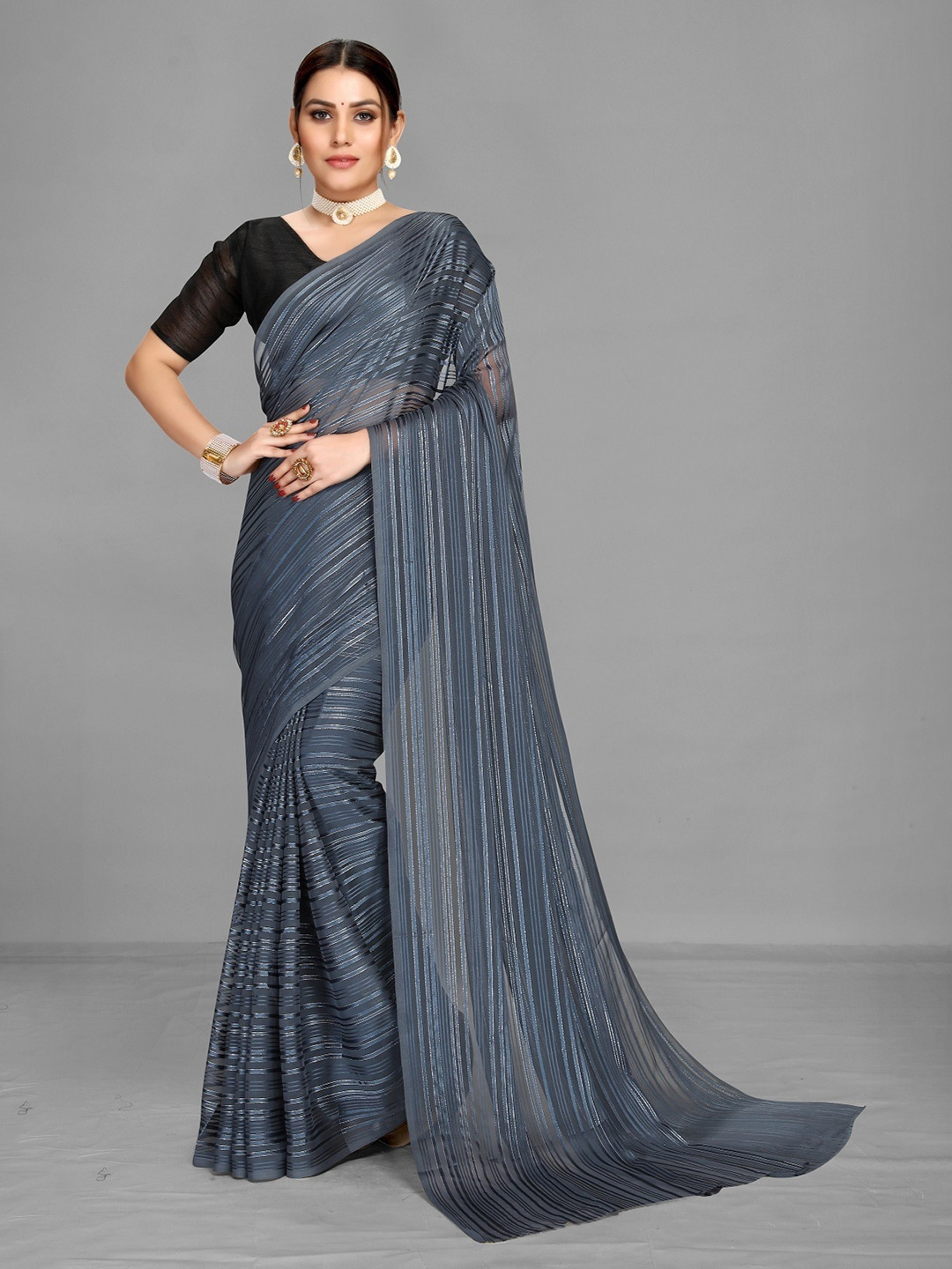 

Fashion Basket Striped Saree, Grey