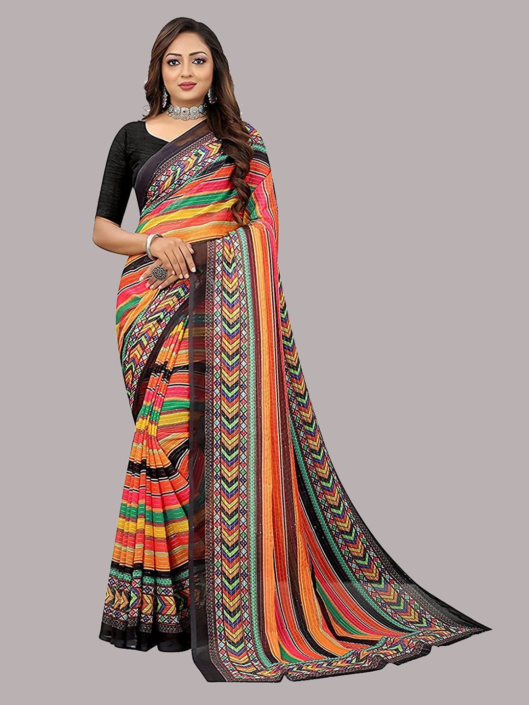 

Fashion Basket Striped Saree, Orange
