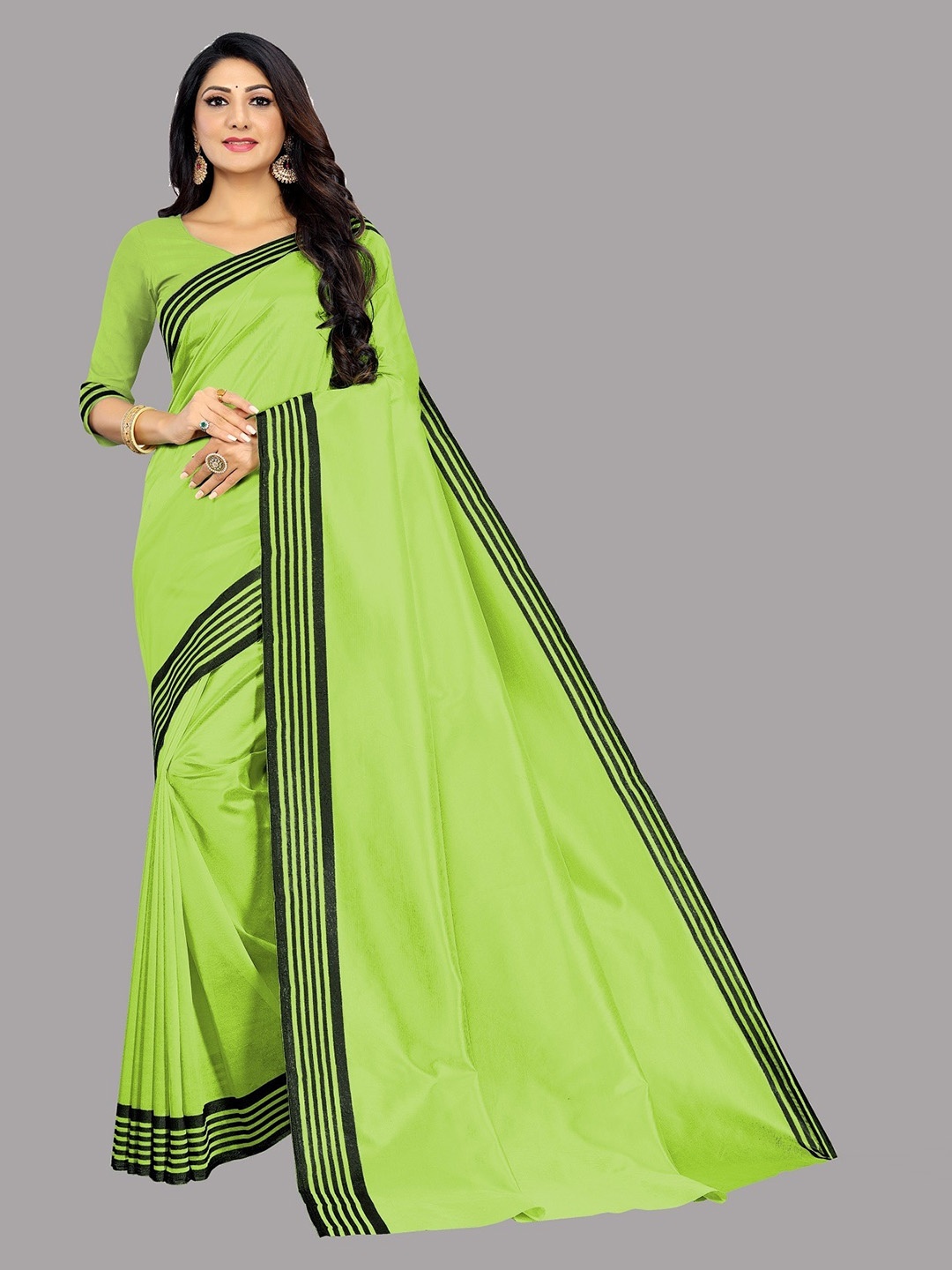 

Fashion Basket Striped Border Saree, Lime green