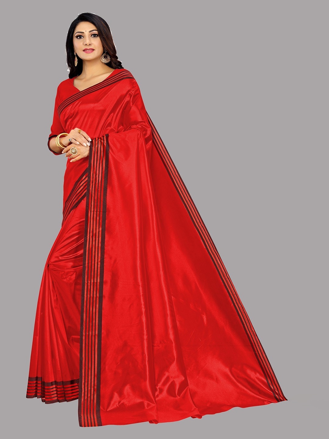 

Fashion Basket Checked Border Cotton Blend Saree, Red