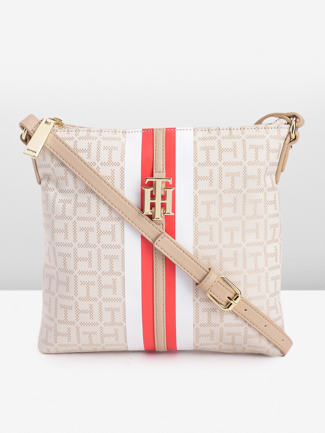 

Tommy Hilfiger Brand Logo Embroidered Structured Sling Bag, Beige