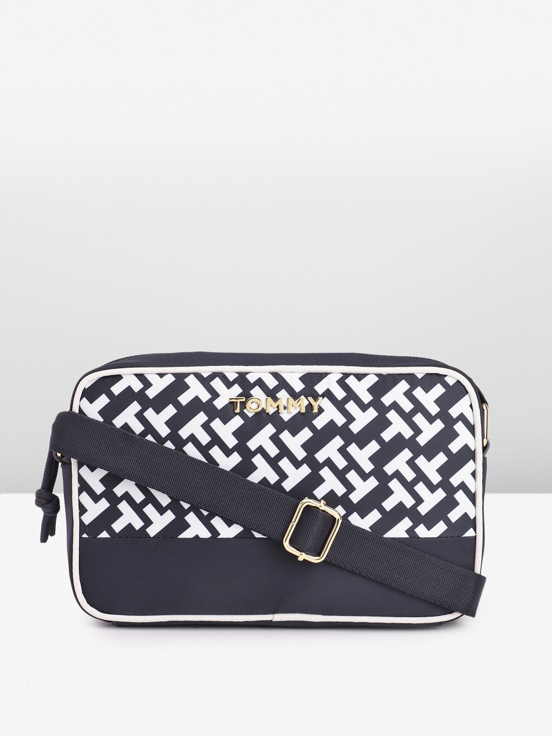 

Tommy Hilfiger Brand Logo Print Structured Pure Cotton Sling Bag, Navy blue