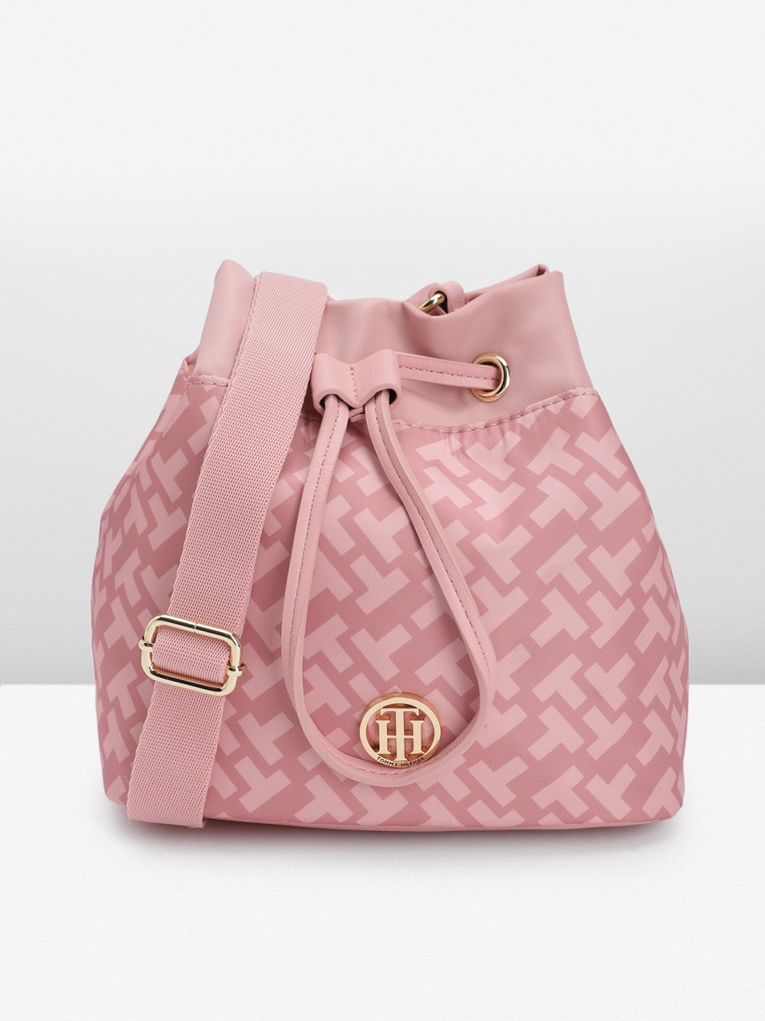 

Tommy Hilfiger Brand Logo Print Bucket Sling Bag, Pink
