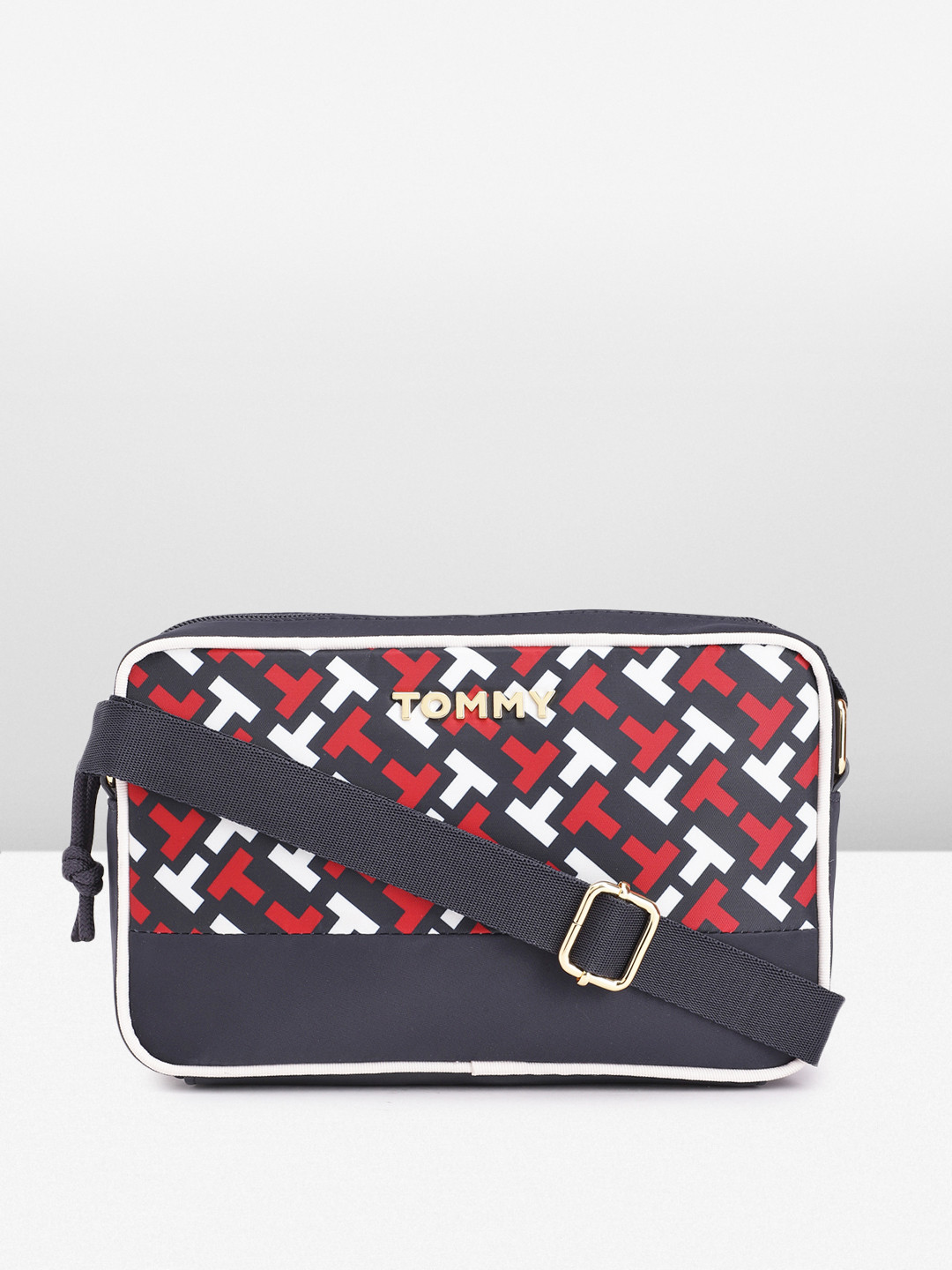 

Tommy Hilfiger Brand Logo Print Structured Pure Cotton Sling Bag, Navy blue