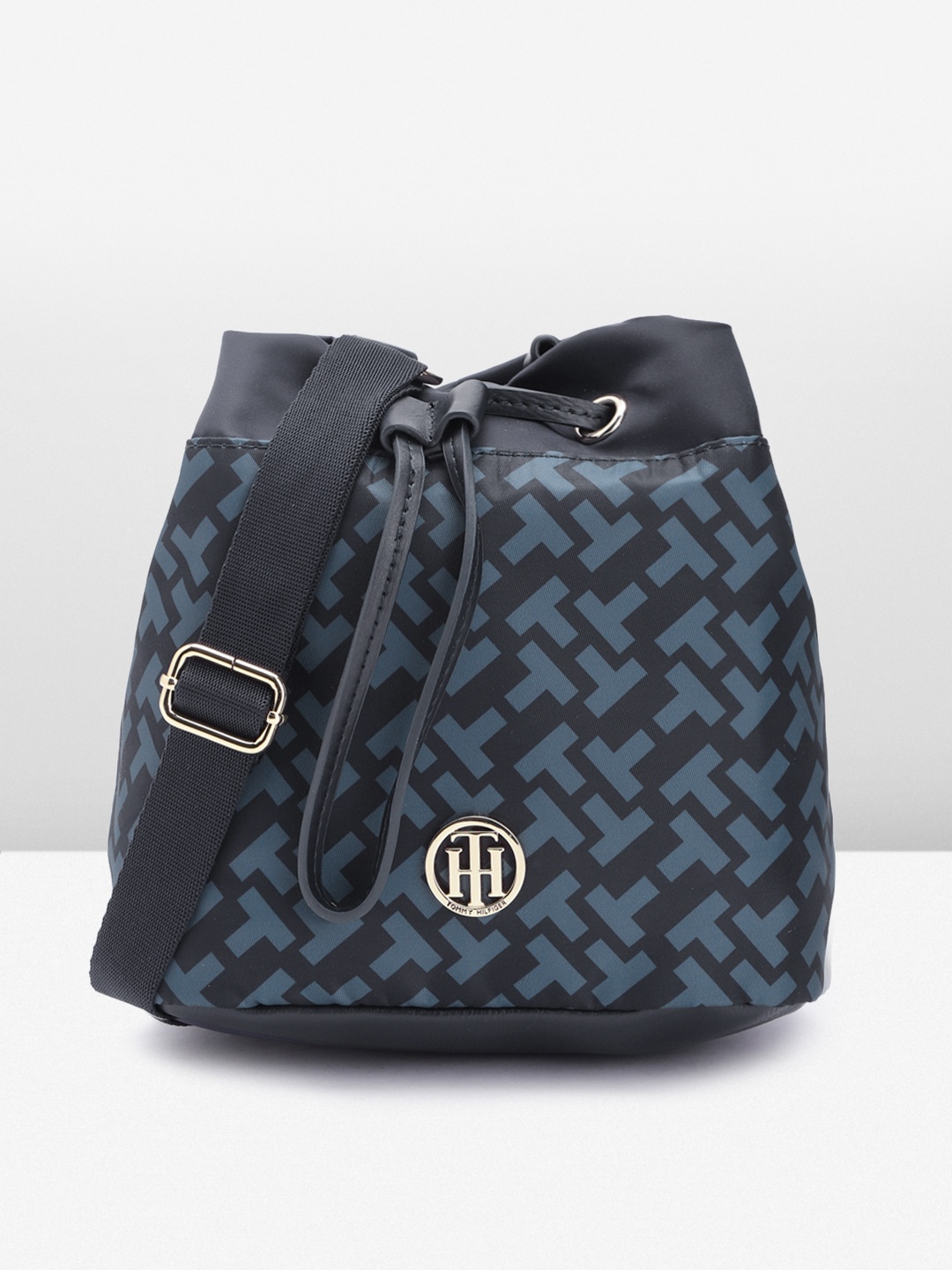 

Tommy Hilfiger NINA II Brand Logo Print Bucket Style Sling Bag, Navy blue