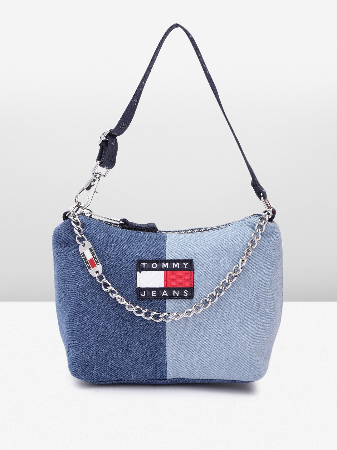 

Tommy Hilfiger Colourblocked Pure Cotton Denim Baguette Bag with Brand Logo Applique, Blue